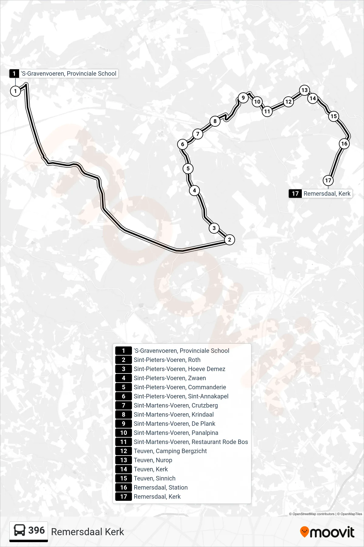 Lijn 396 (bus, Remersdaal Kerk): route en haltes op de kaart