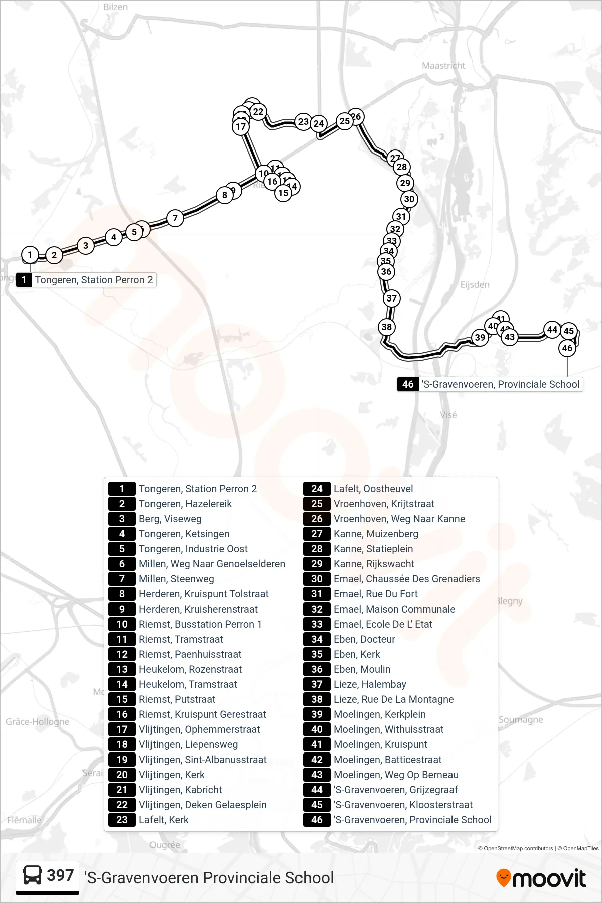 Lijn 397 (bus, 'S-Gravenvoeren Provinciale School): route en haltes op de kaart