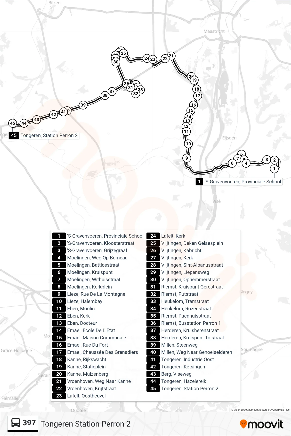 Lijn 397 (bus, Tongeren Station Perron 2): route en haltes op de kaart