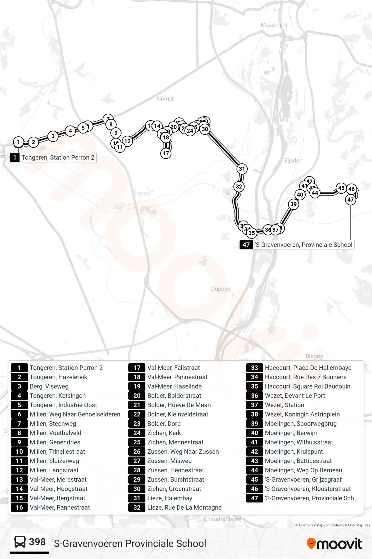 Lijn 398 (bus, 'S-Gravenvoeren Provinciale School): route en haltes op de kaart