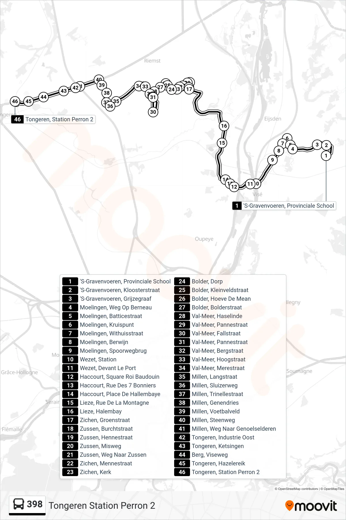 Lijn 398 (bus, Tongeren Station Perron 2): route en haltes op de kaart