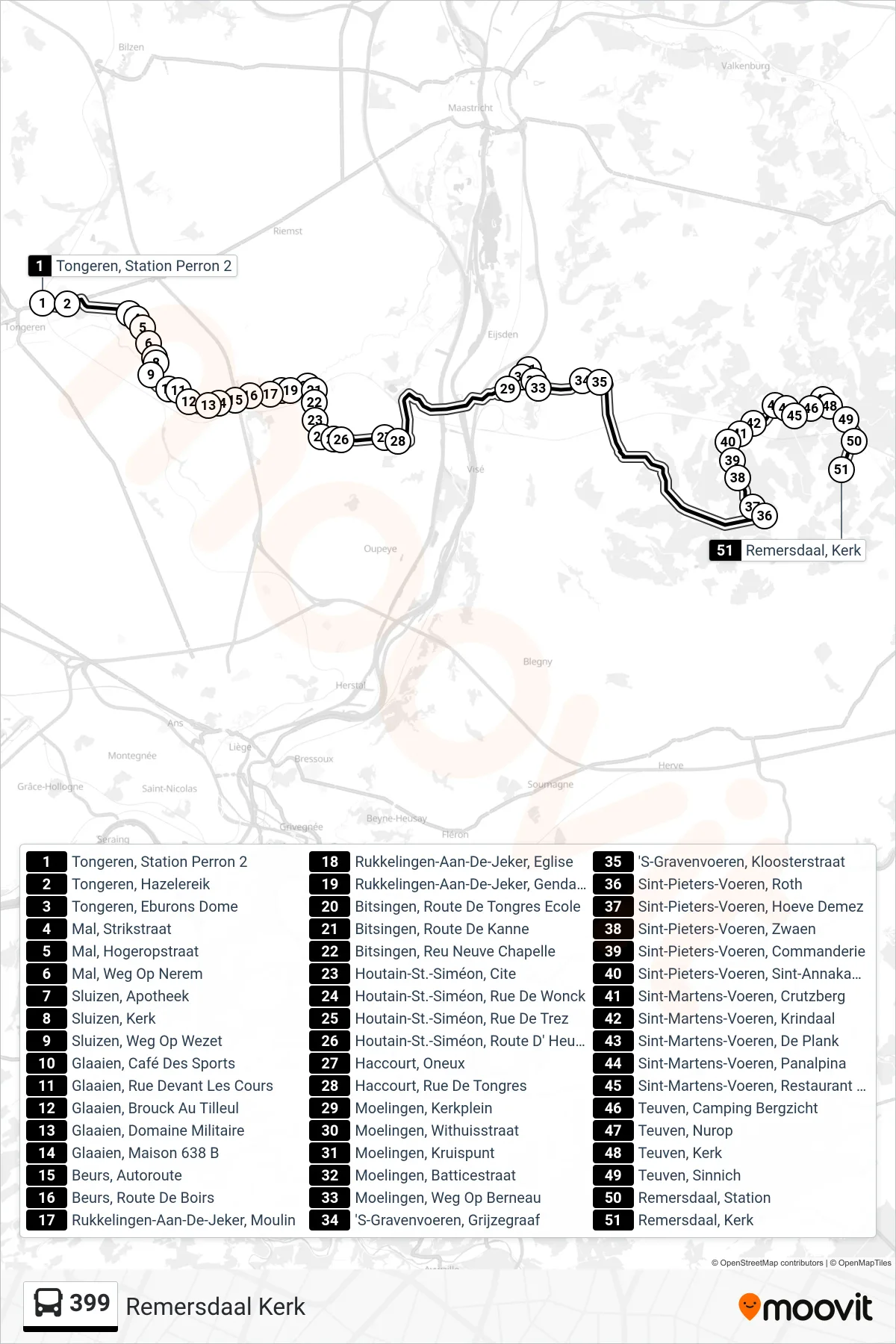 Lijn 399 (bus, Remersdaal Kerk): route en haltes op de kaart