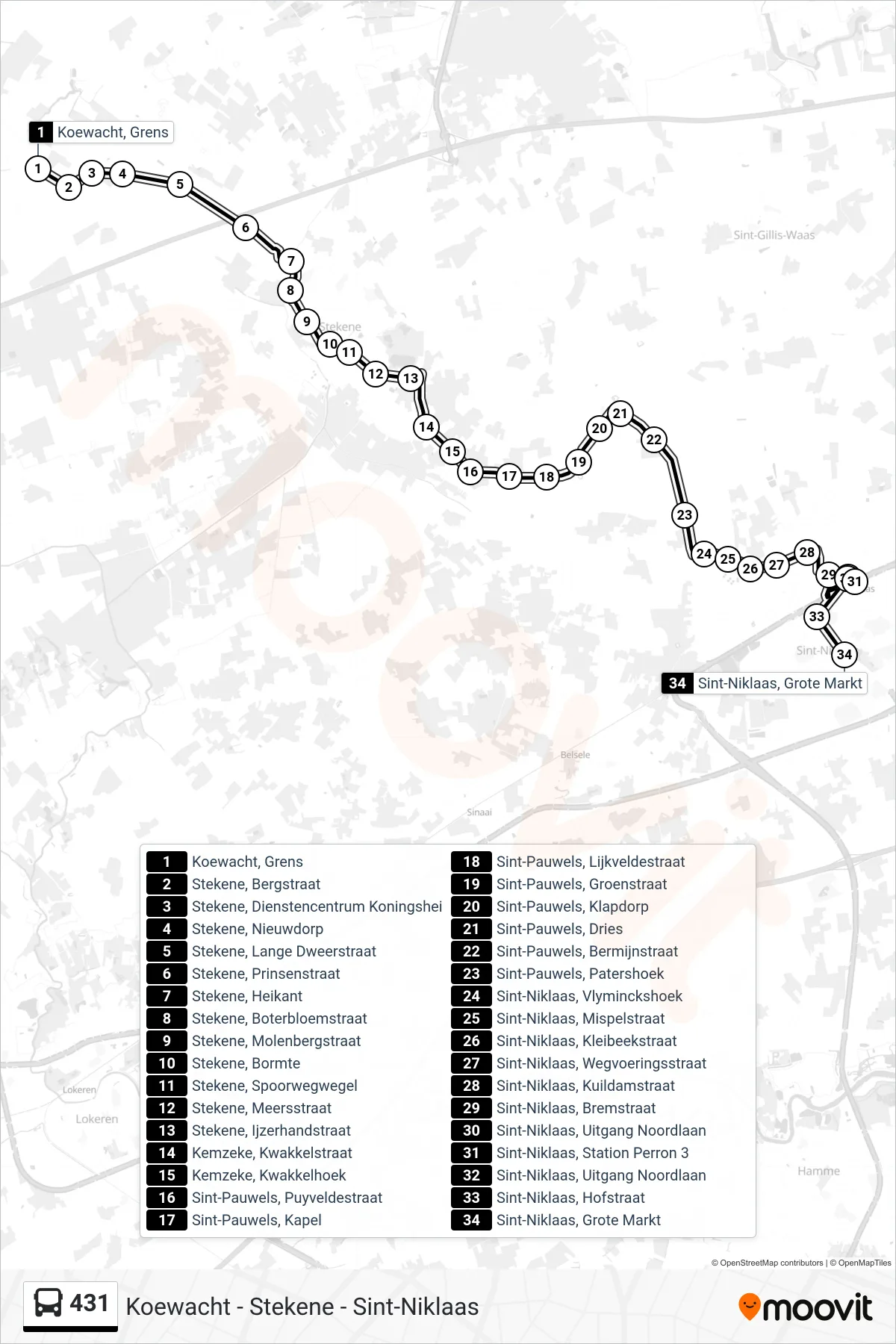 Lijn 431 (bus, Sint-Niklaas Grote Markt): route en haltes op de kaart