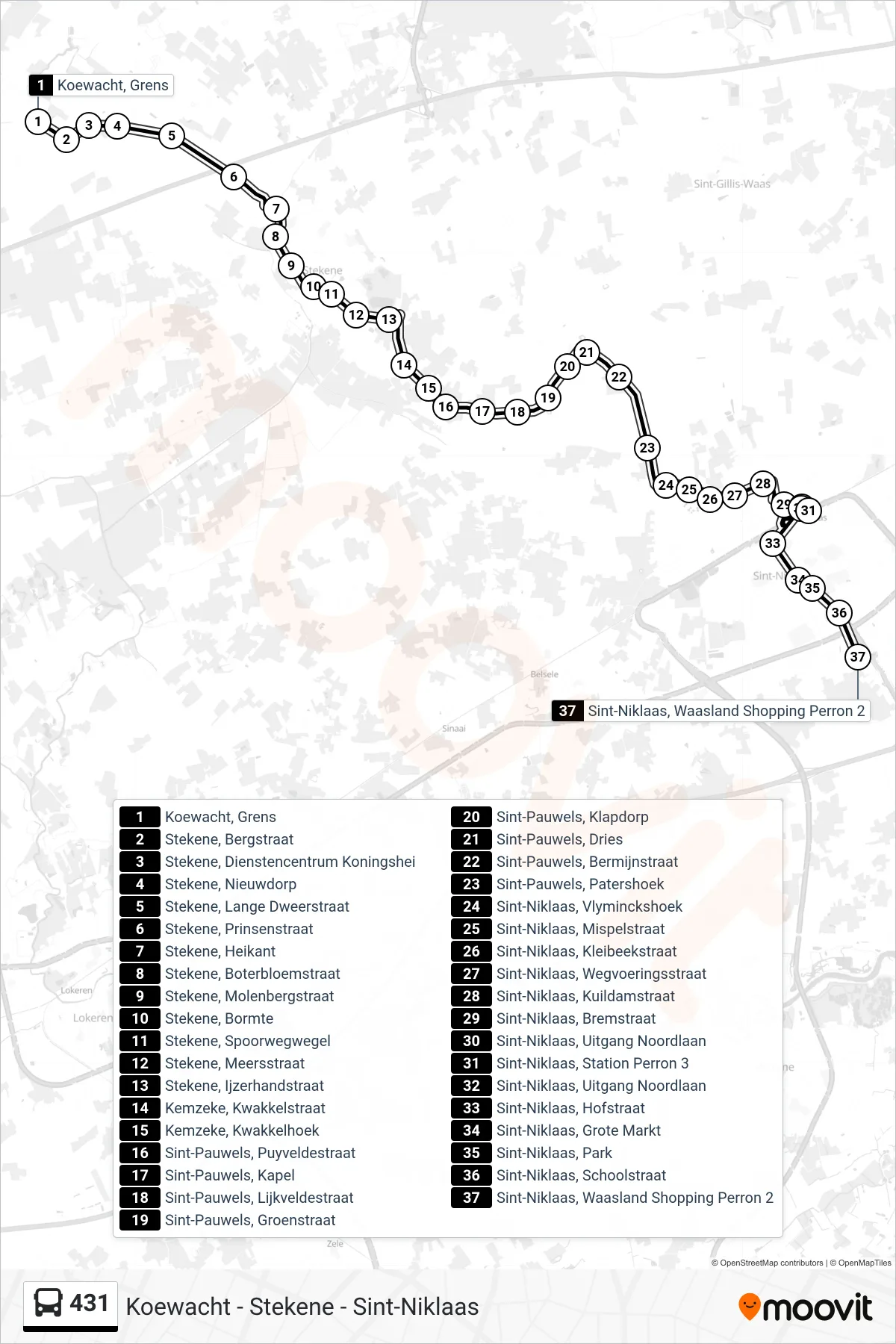 Lijn 431 (bus, Sint-Niklaas Waasland Shopping Perron 2): route en haltes op de kaart