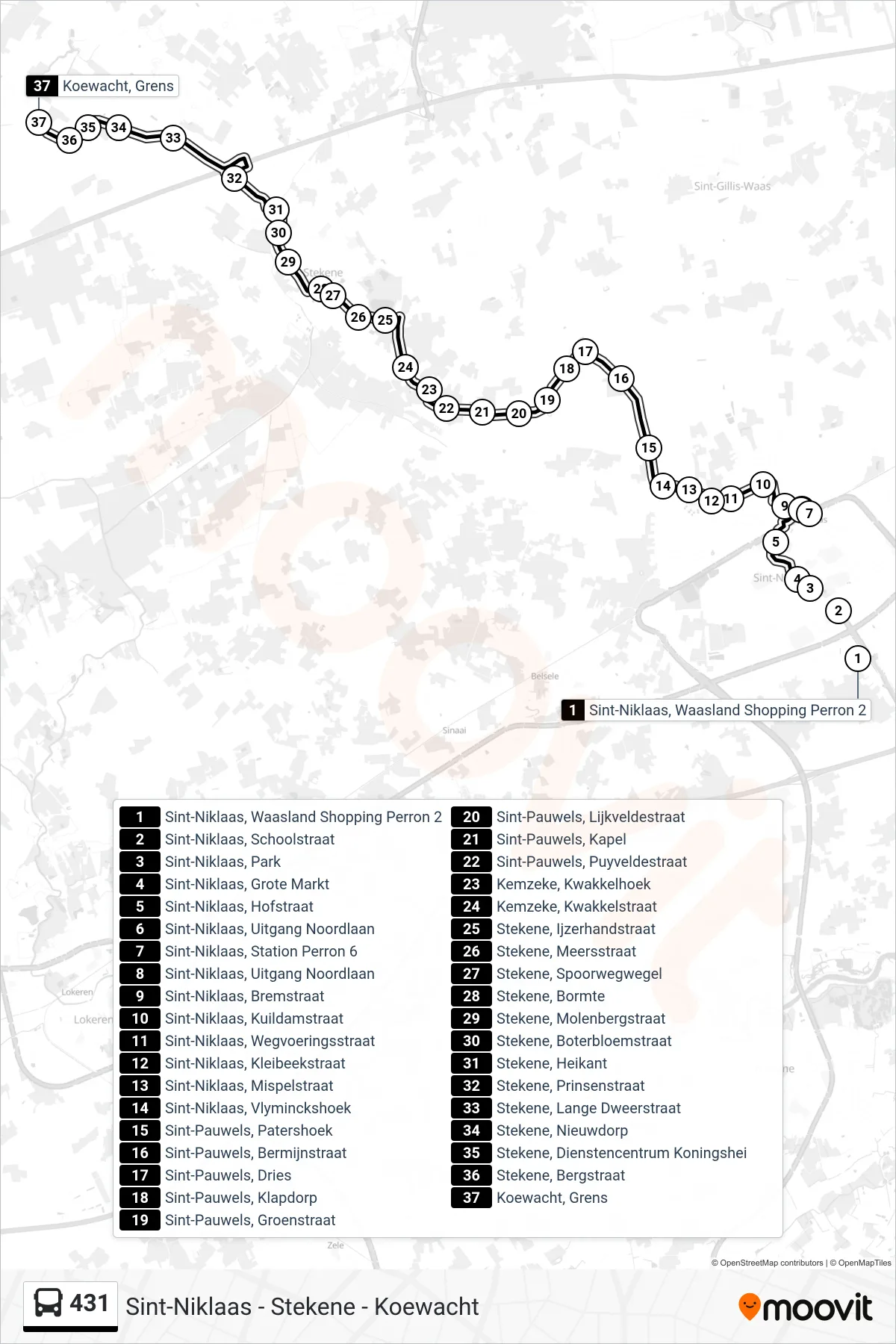 Lijn 431 (bus, Koewacht Grens): route en haltes op de kaart