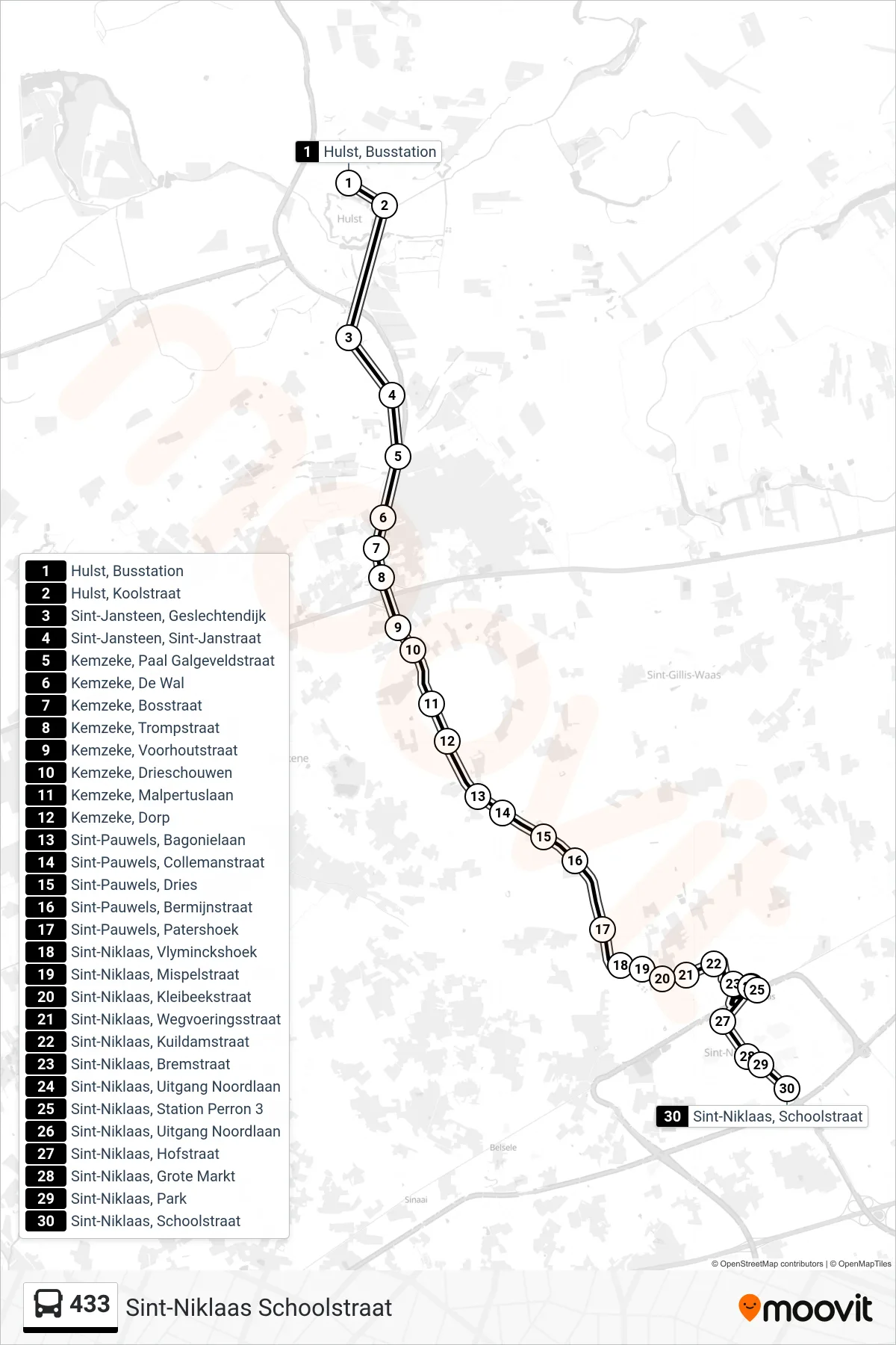 Lijn 433 (bus, Sint-Niklaas Schoolstraat): route en haltes op de kaart