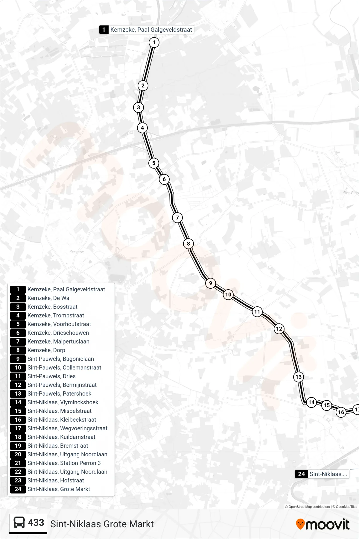 Lijn 433 (bus, Sint-Niklaas Grote Markt): route en haltes op de kaart