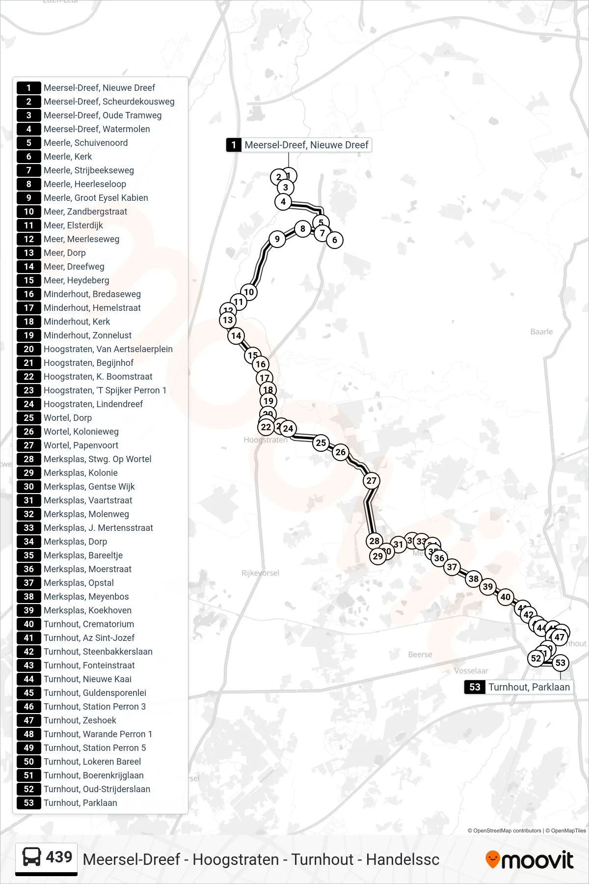 Lijn 439 (bus, Turnhout Parklaan): route en haltes op de kaart