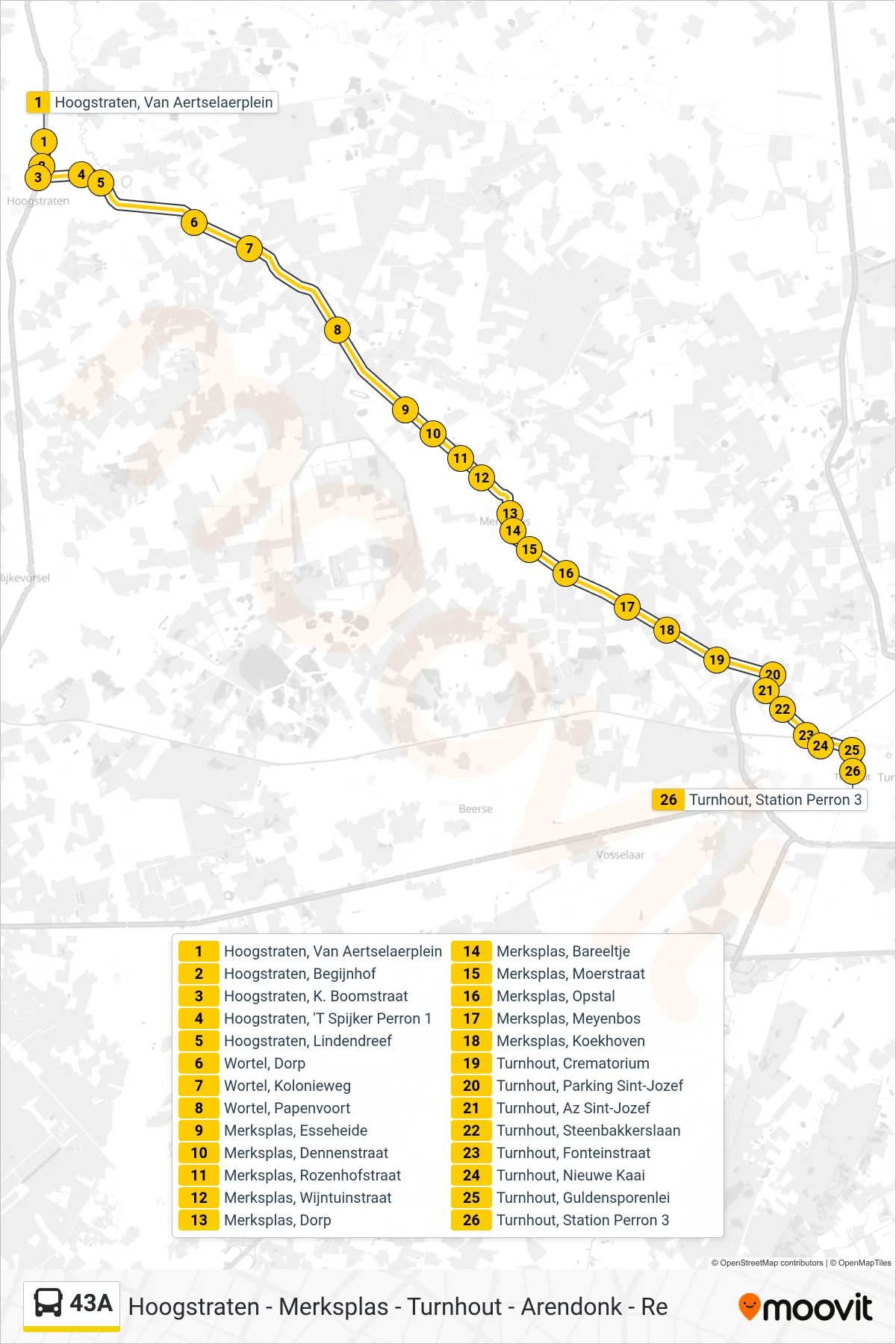 43A bus Line (Turnhout Station Perron 3) route and stops on a map