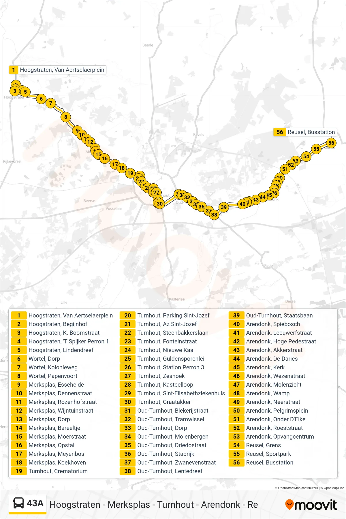 Lijn 43A (bus, Reusel Busstation): route en haltes op de kaart