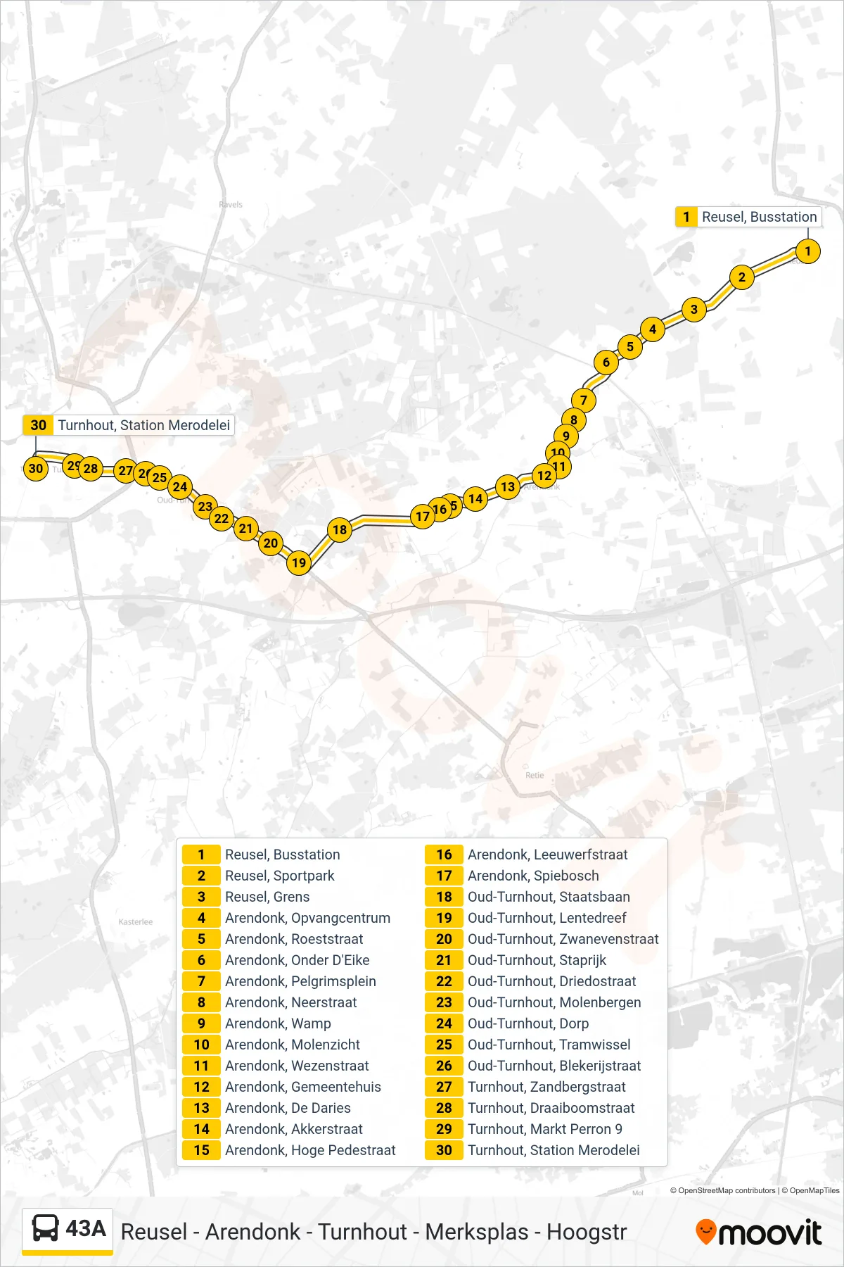 Lijn 43A (bus, Turnhout Station Merodelei): route en haltes op de kaart