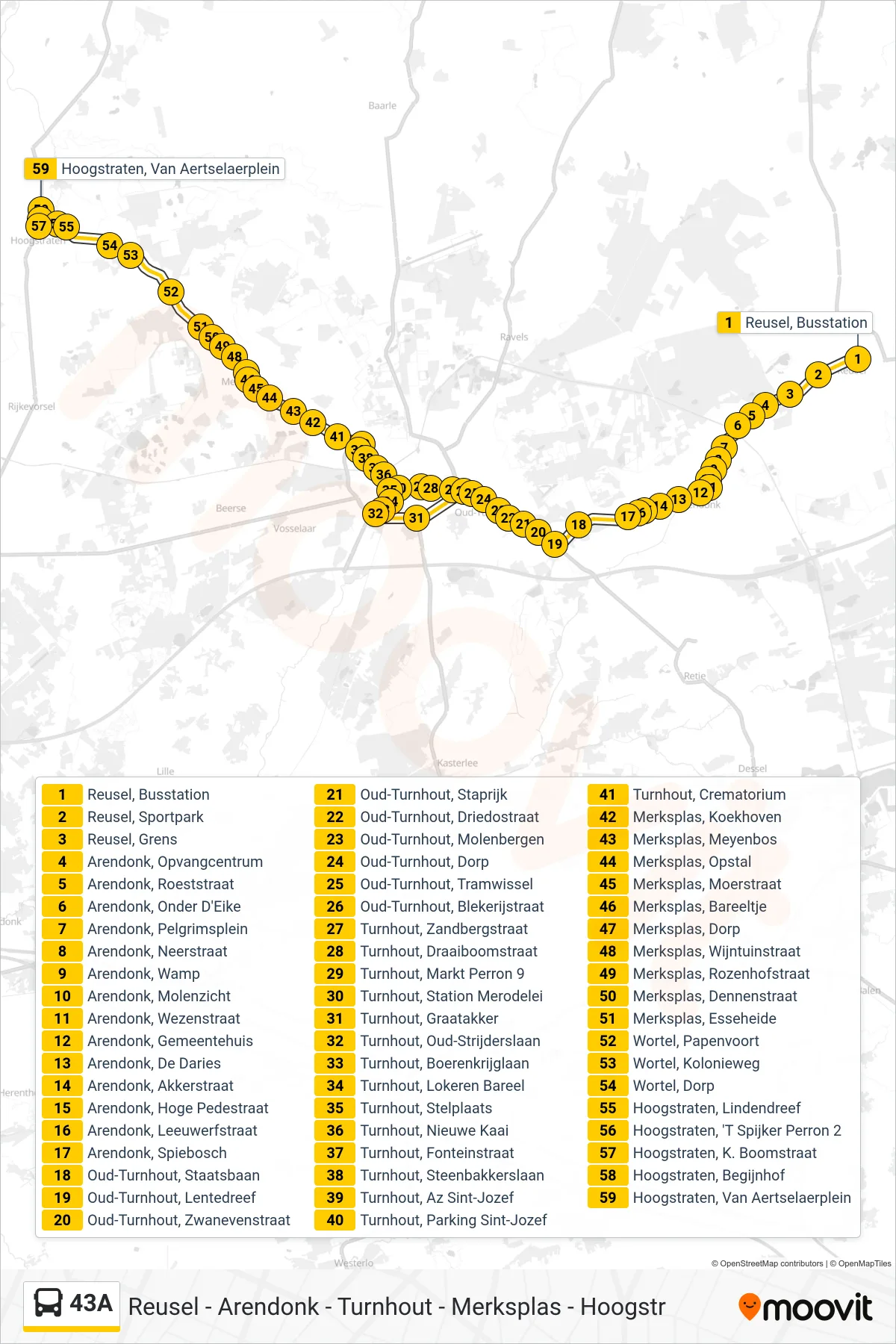 Lijn 43A (bus, Hoogstraten Van Aertselaerplein): route en haltes op de kaart
