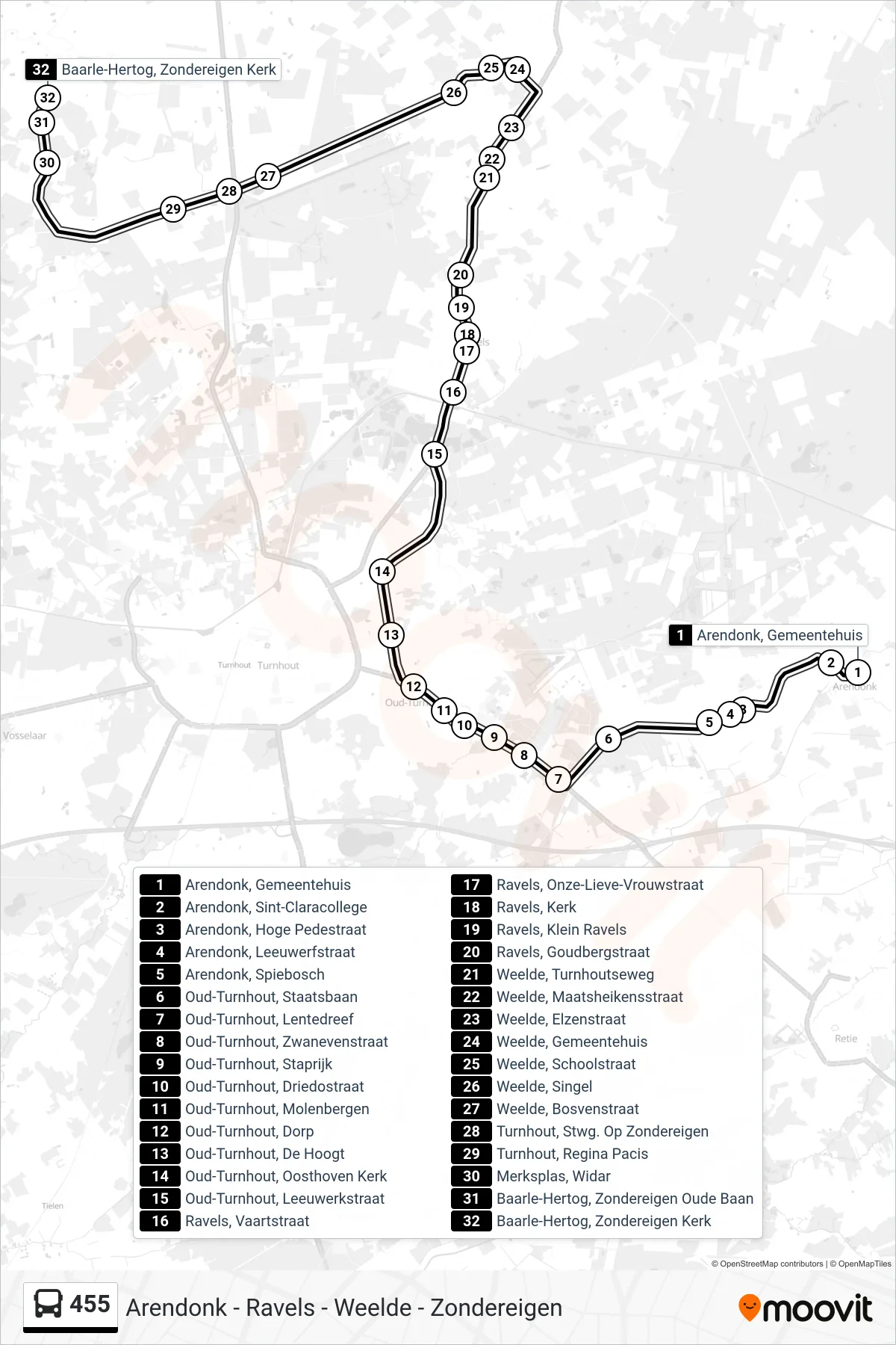 Lijn 455 (bus, Baarle-Hertog Zondereigen Kerk): route en haltes op de kaart