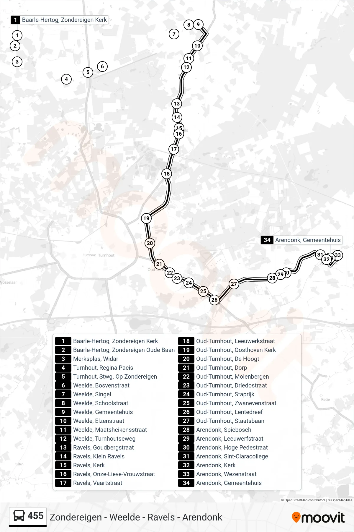 Lijn 455 (bus, Arendonk Gemeentehuis): route en haltes op de kaart