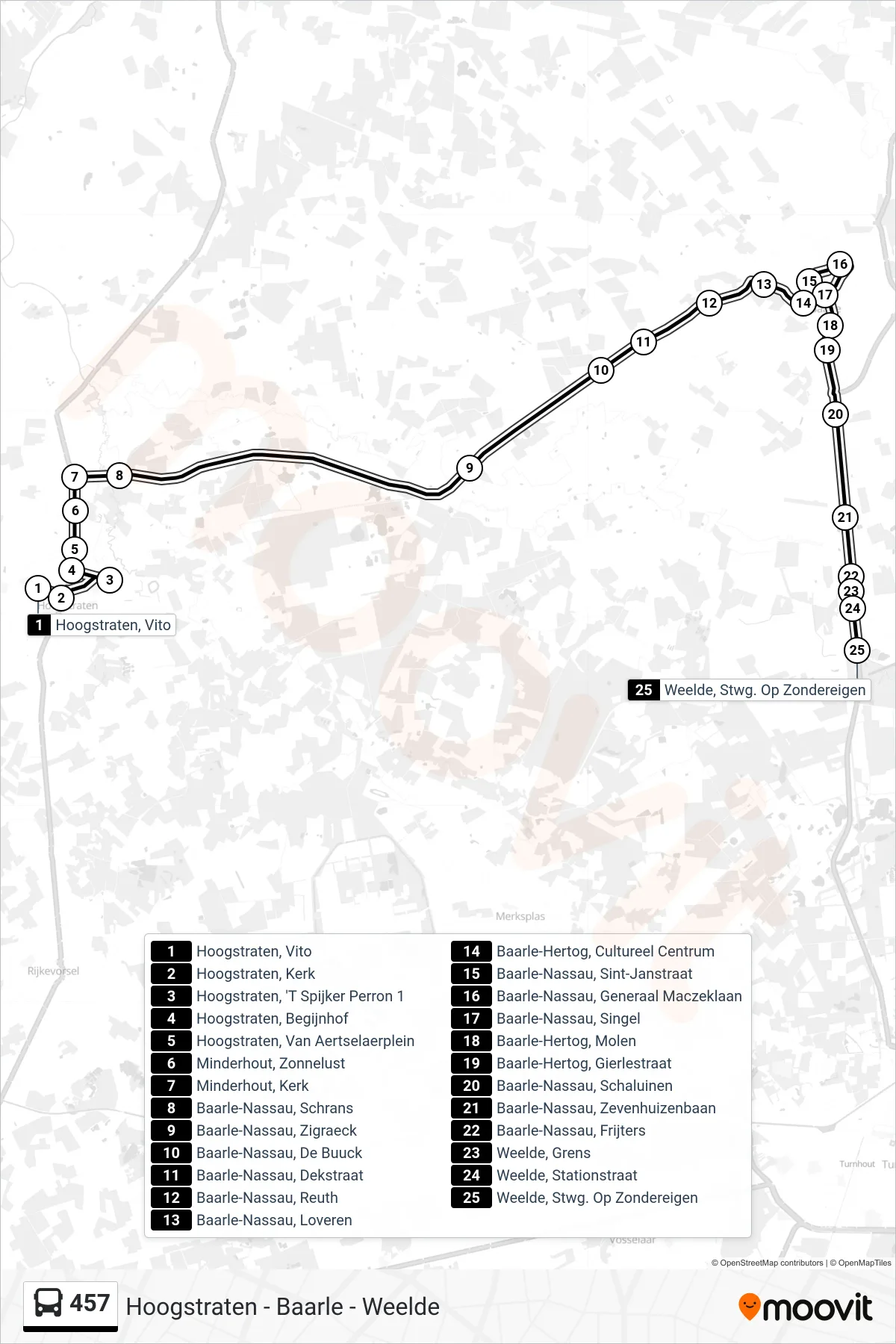 Lijn 457 (bus, Weelde Stwg. Op Zondereigen): route en haltes op de kaart