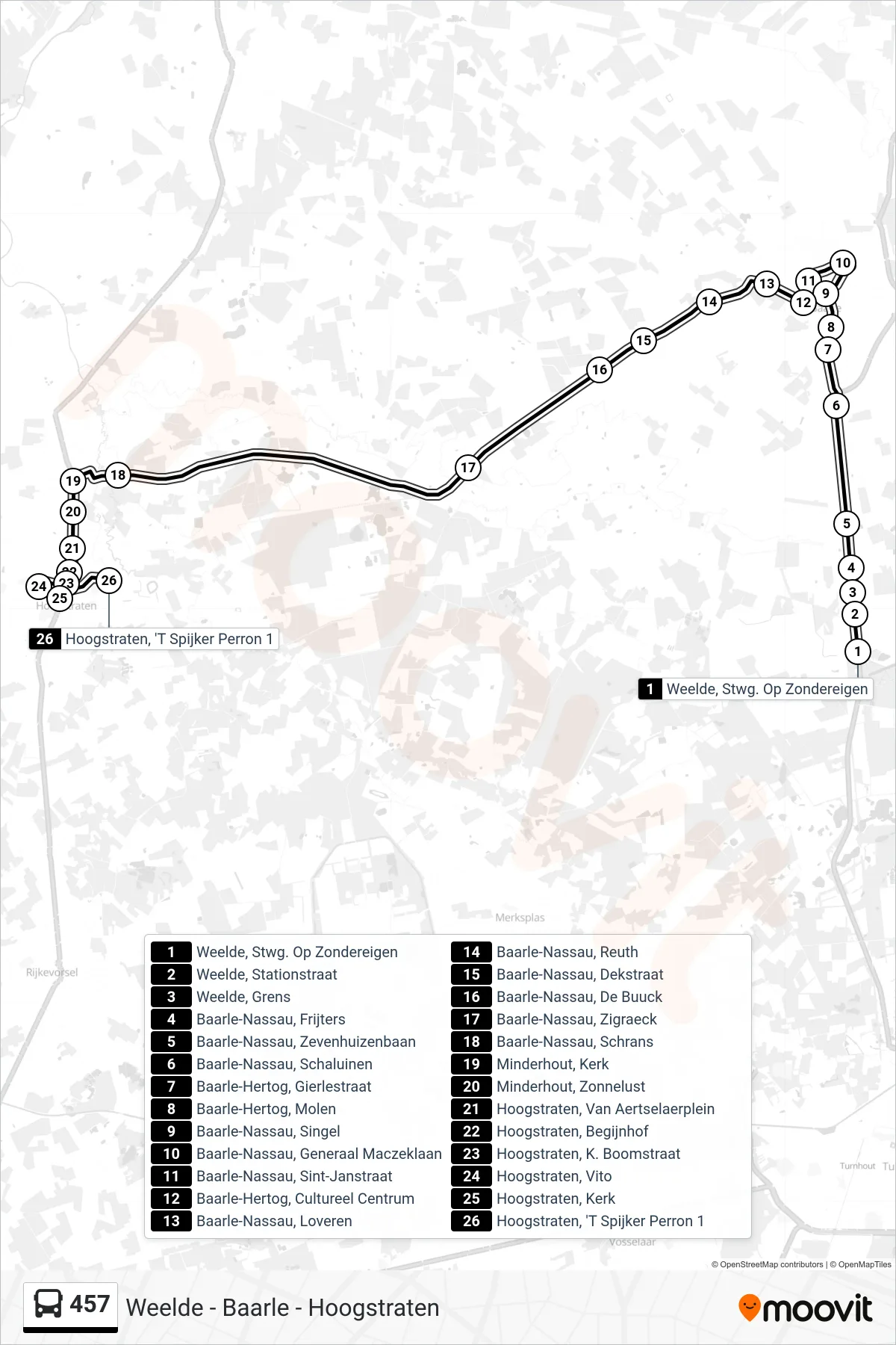 Lijn 457 (bus, Hoogstraten 'T Spijker Perron 1): route en haltes op de kaart