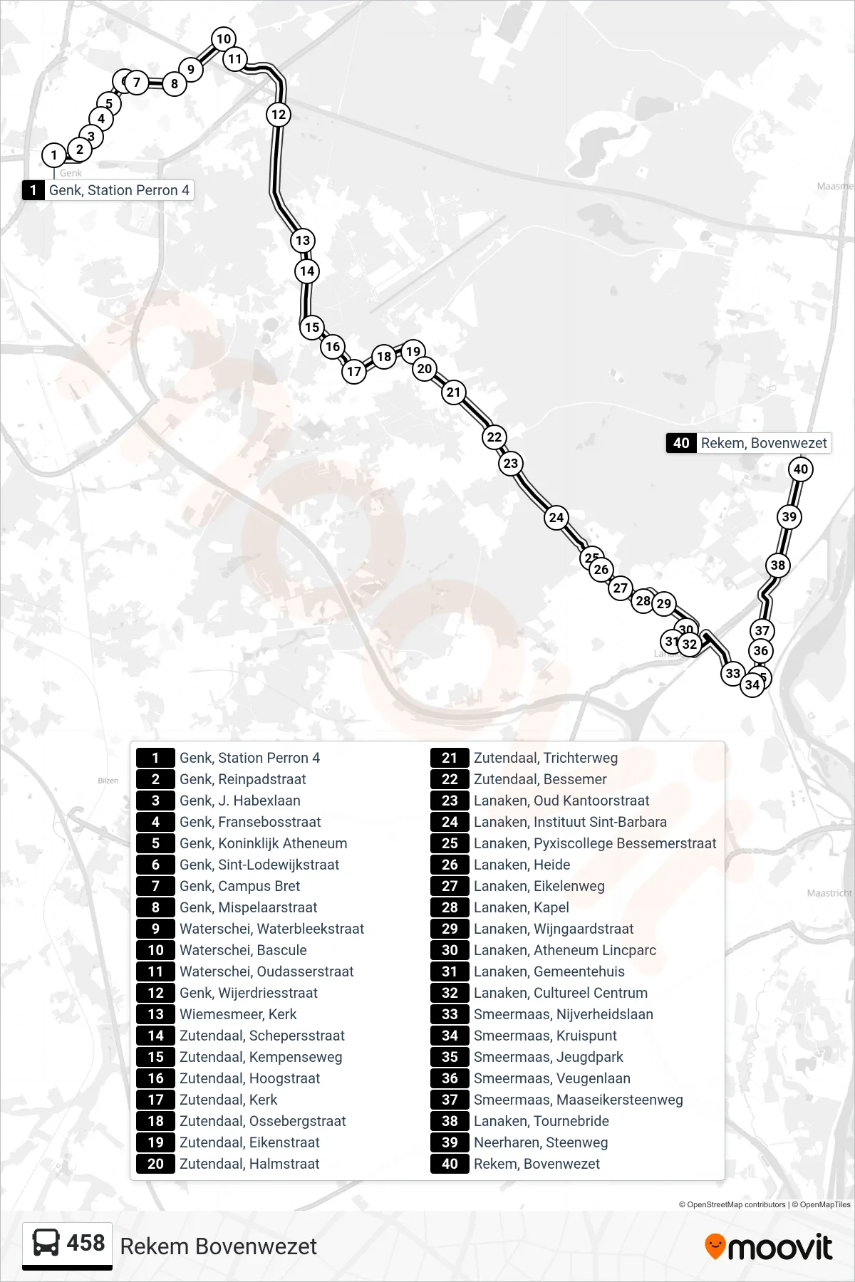 Lijn 458 (bus, Rekem Bovenwezet): route en haltes op de kaart