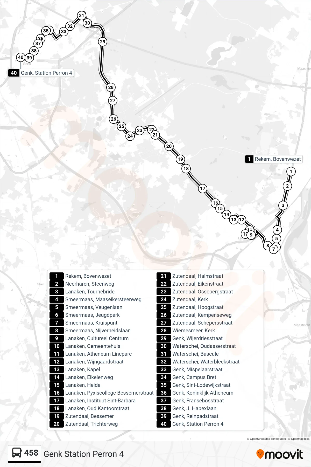 Lijn 458 (bus, Genk Station Perron 4): route en haltes op de kaart