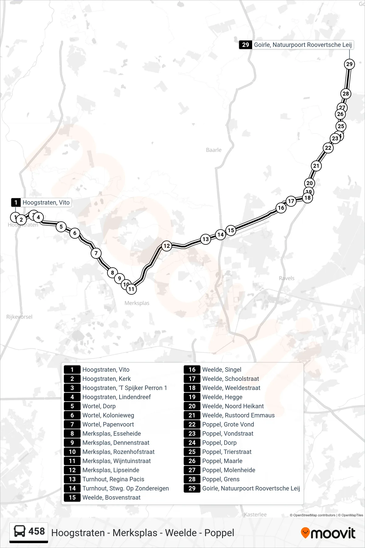Lijn 458 (bus, Goirle Natuurpoort Roovertsche Leij): route en haltes op de kaart