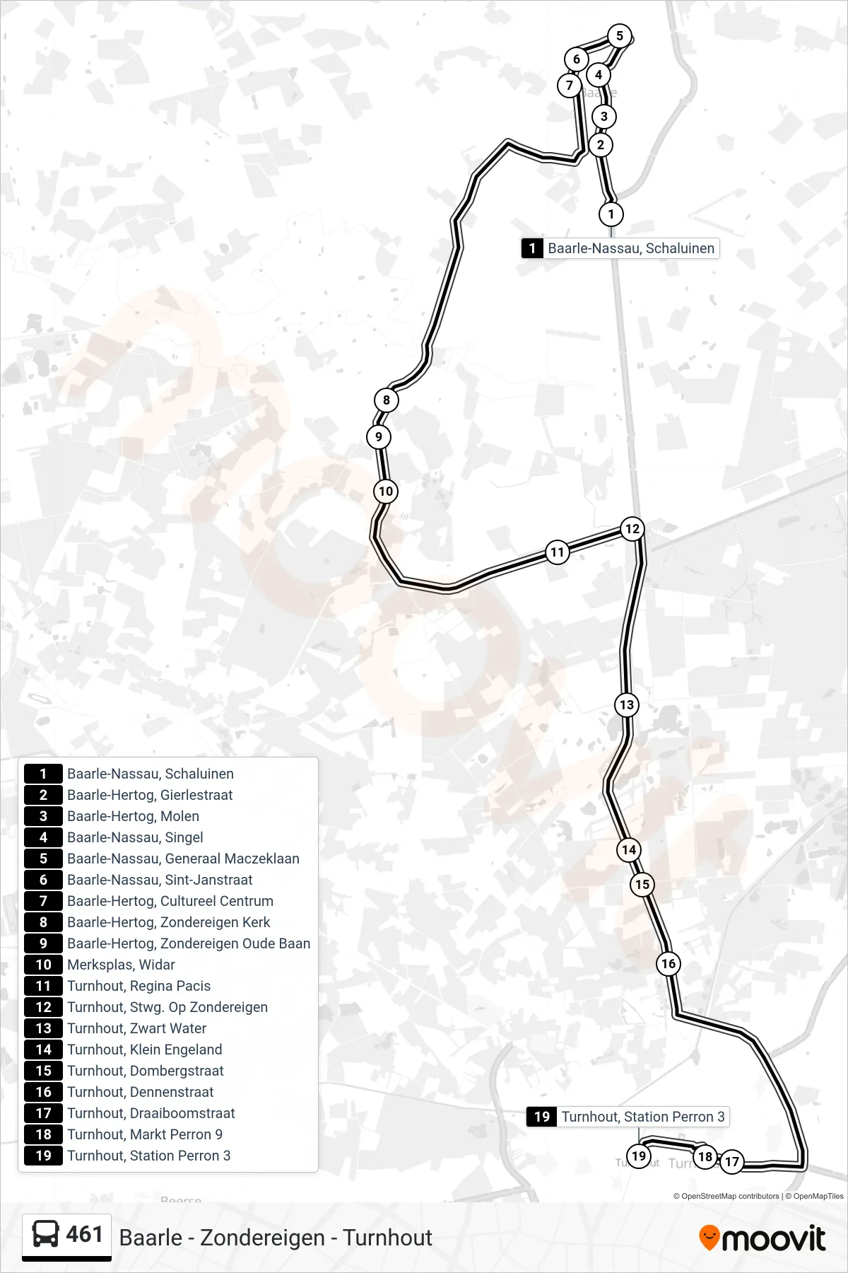 Lijn 461 (bus, Turnhout Station Perron 3): route en haltes op de kaart