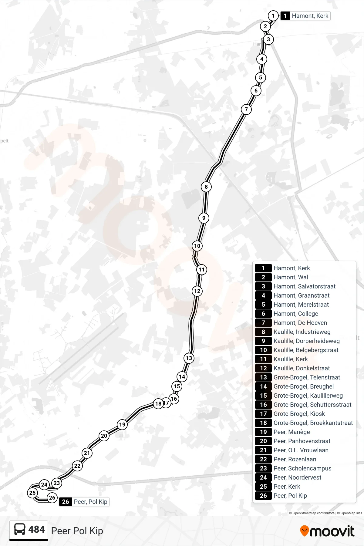 Lijn 484 (bus, Peer Pol Kip): route en haltes op de kaart
