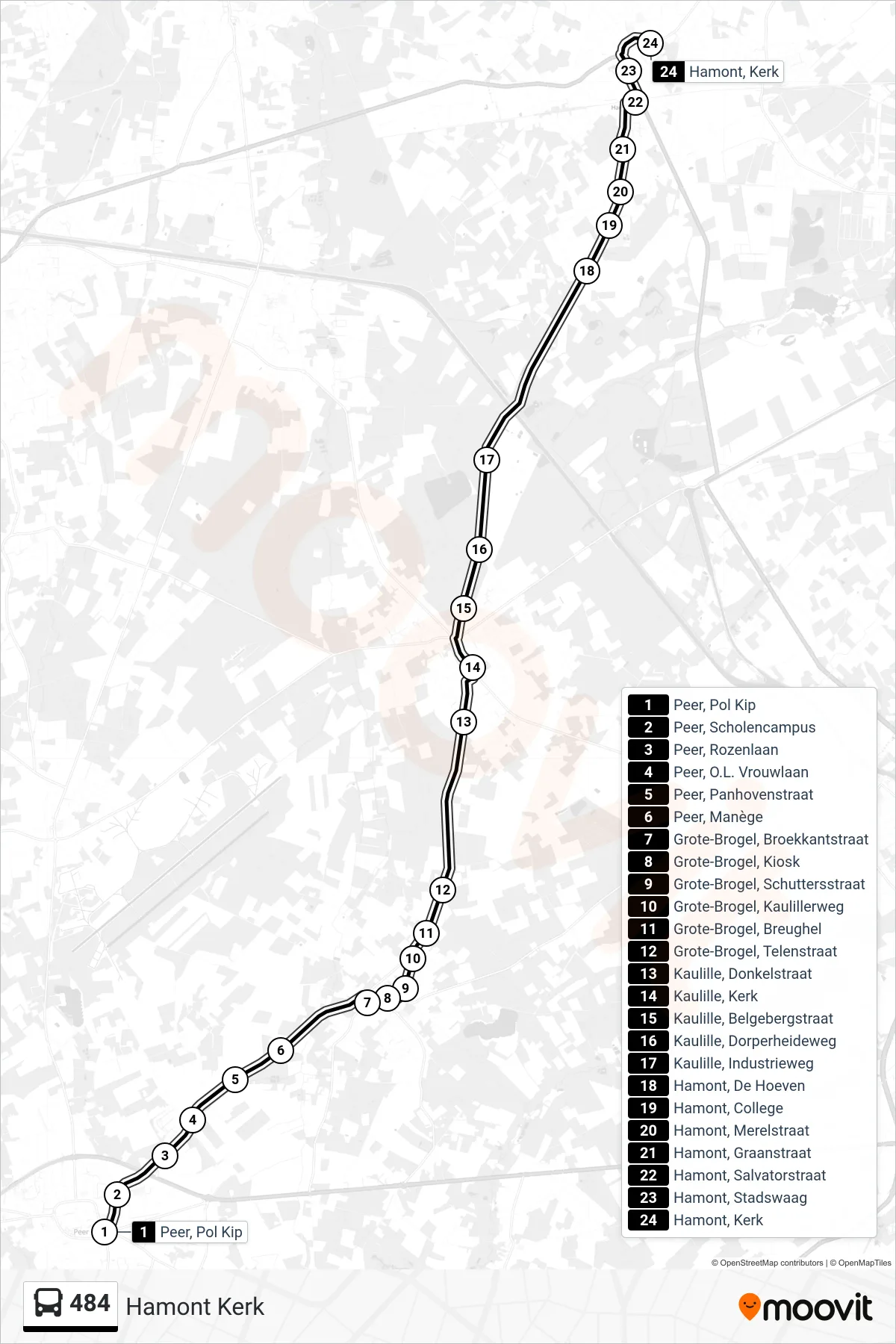 Lijn 484 (bus, Hamont Kerk): route en haltes op de kaart