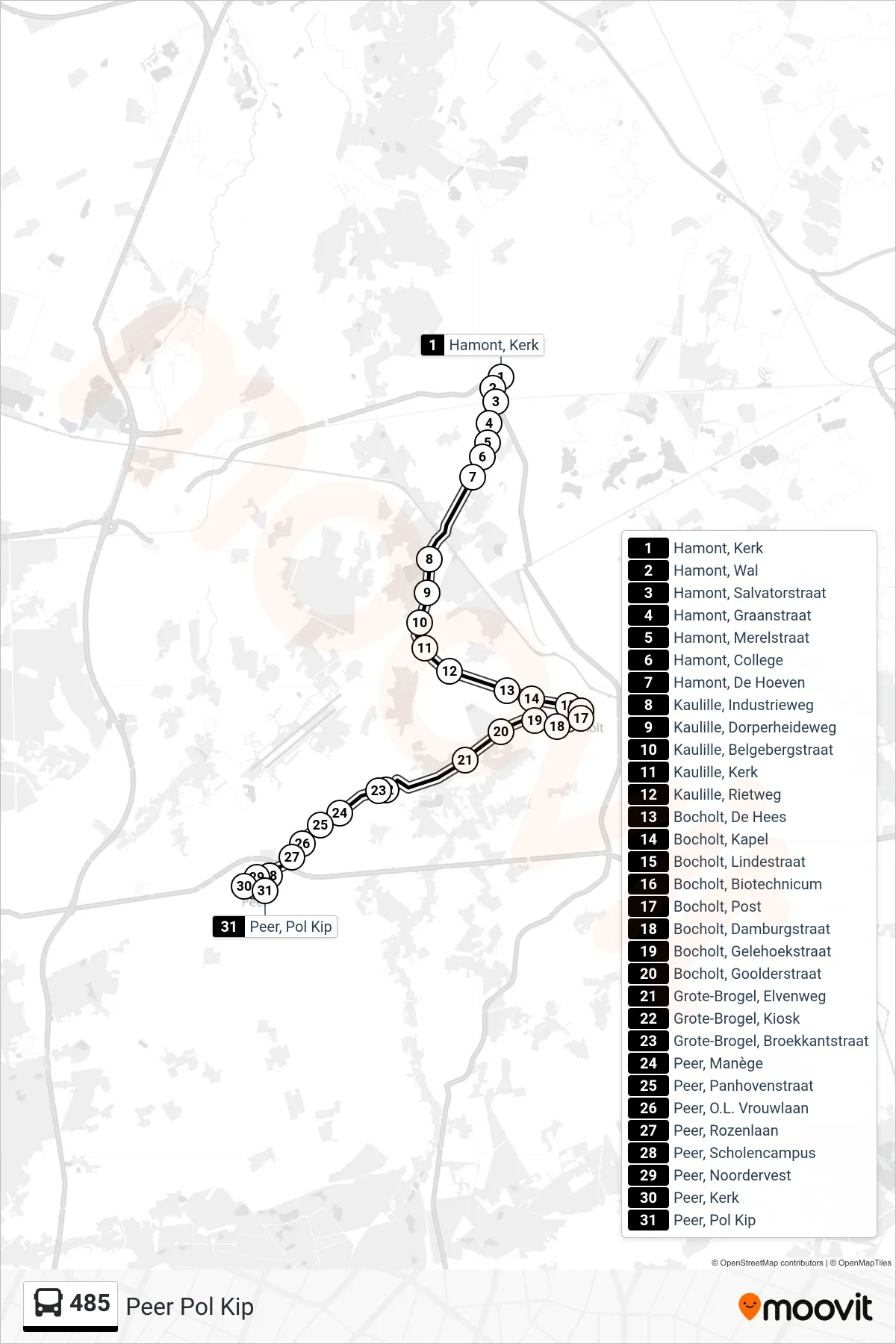 Lijn 485 (bus, Peer Pol Kip): route en haltes op de kaart