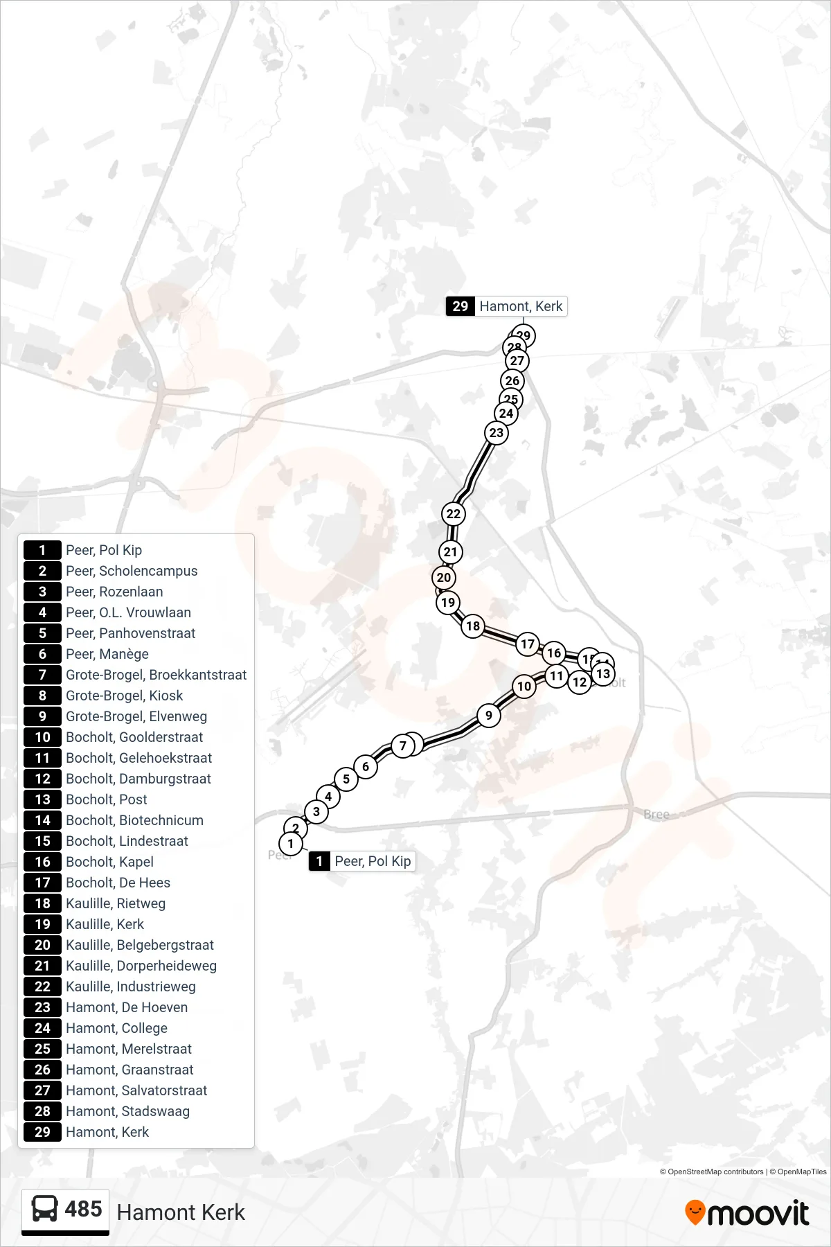 Lijn 485 (bus, Hamont Kerk): route en haltes op de kaart