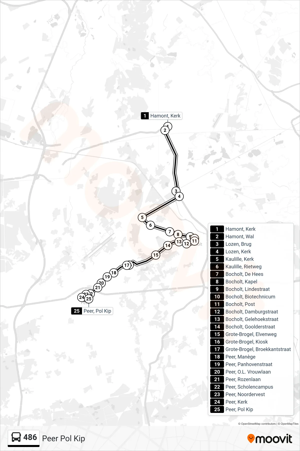 Lijn 486 (bus, Peer Pol Kip): route en haltes op de kaart