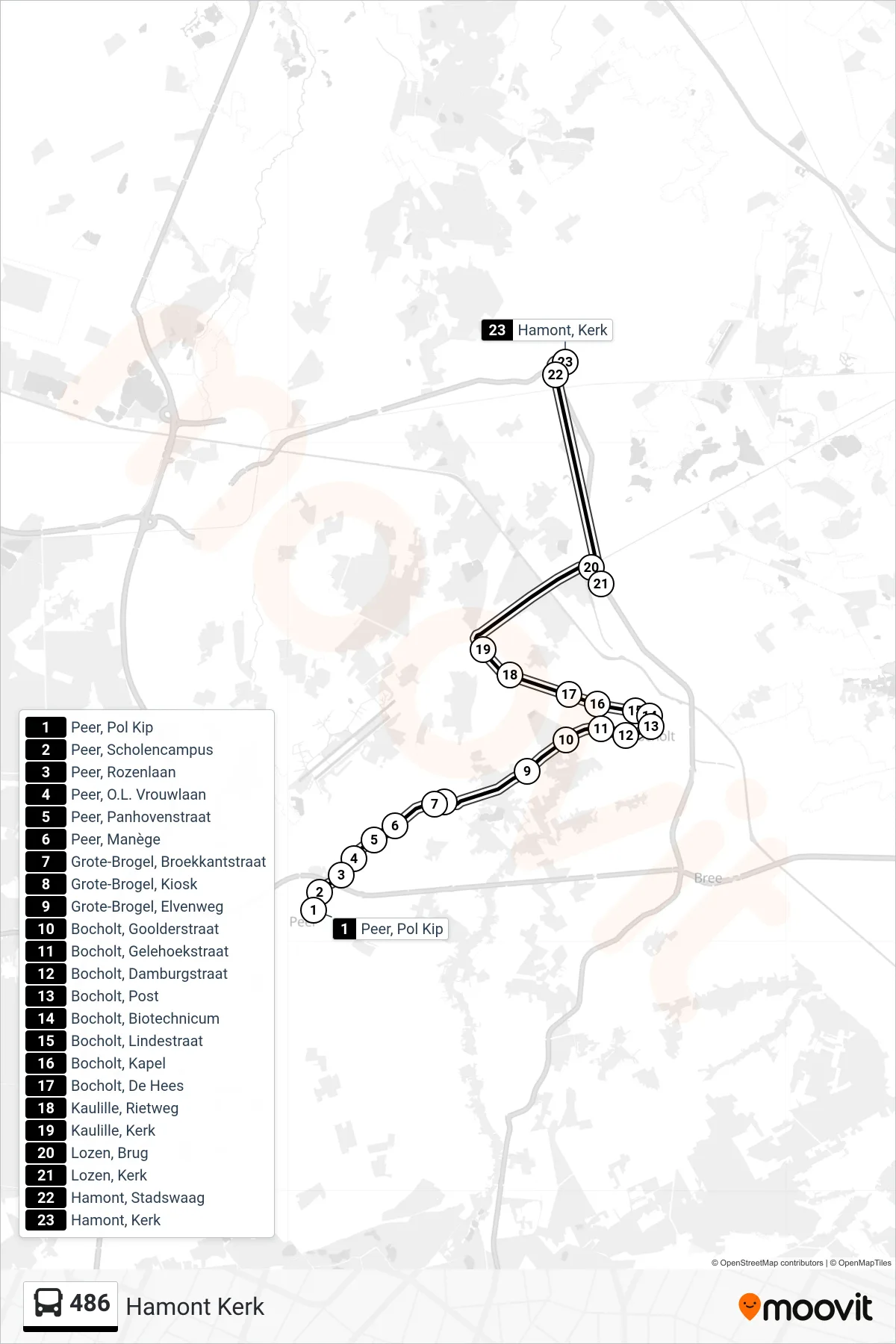 Lijn 486 (bus, Hamont Kerk): route en haltes op de kaart