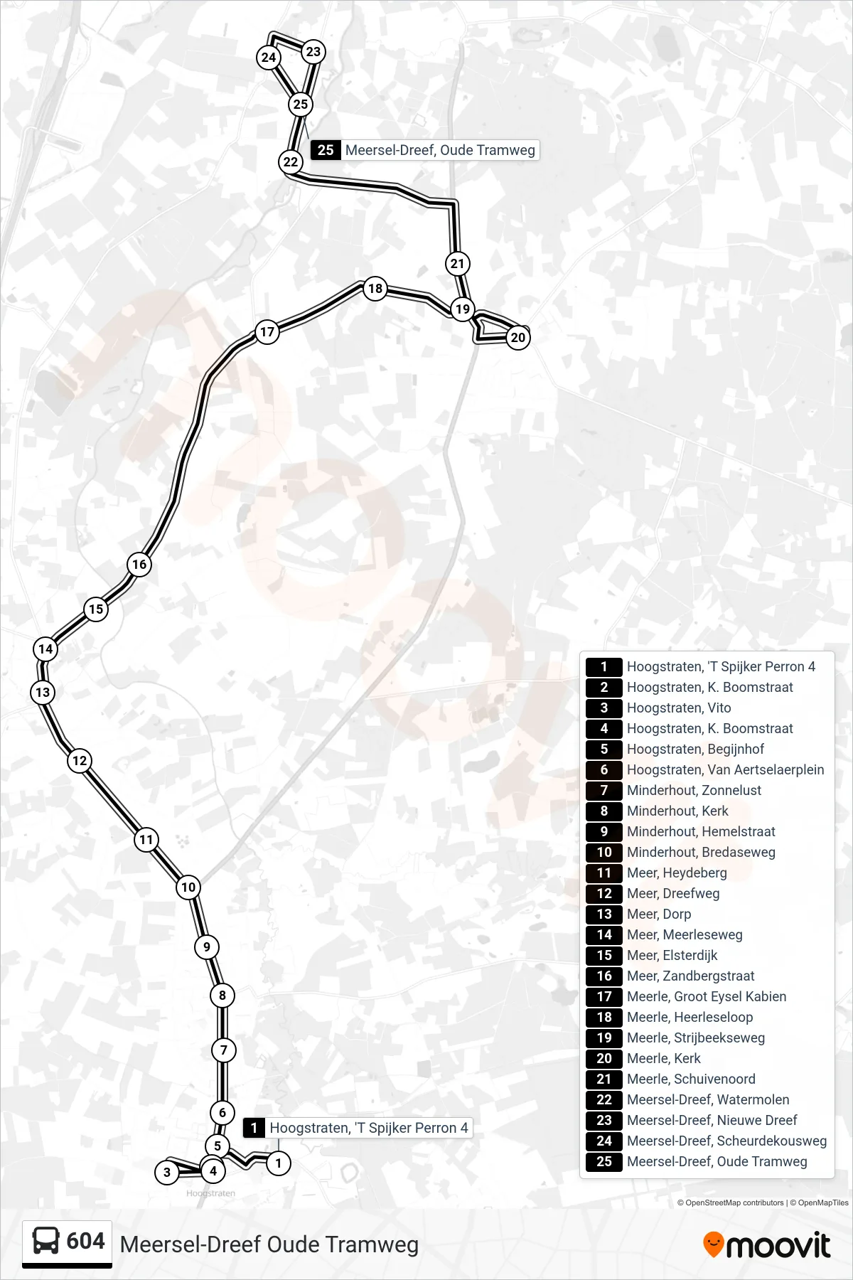 Lijn 604 (bus, Meersel-Dreef Oude Tramweg): route en haltes op de kaart