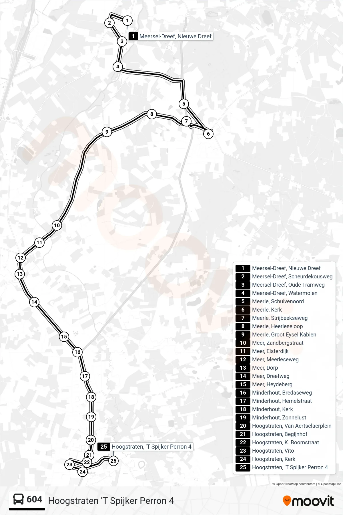 Lijn 604 (bus, Hoogstraten 'T Spijker Perron 4): route en haltes op de kaart