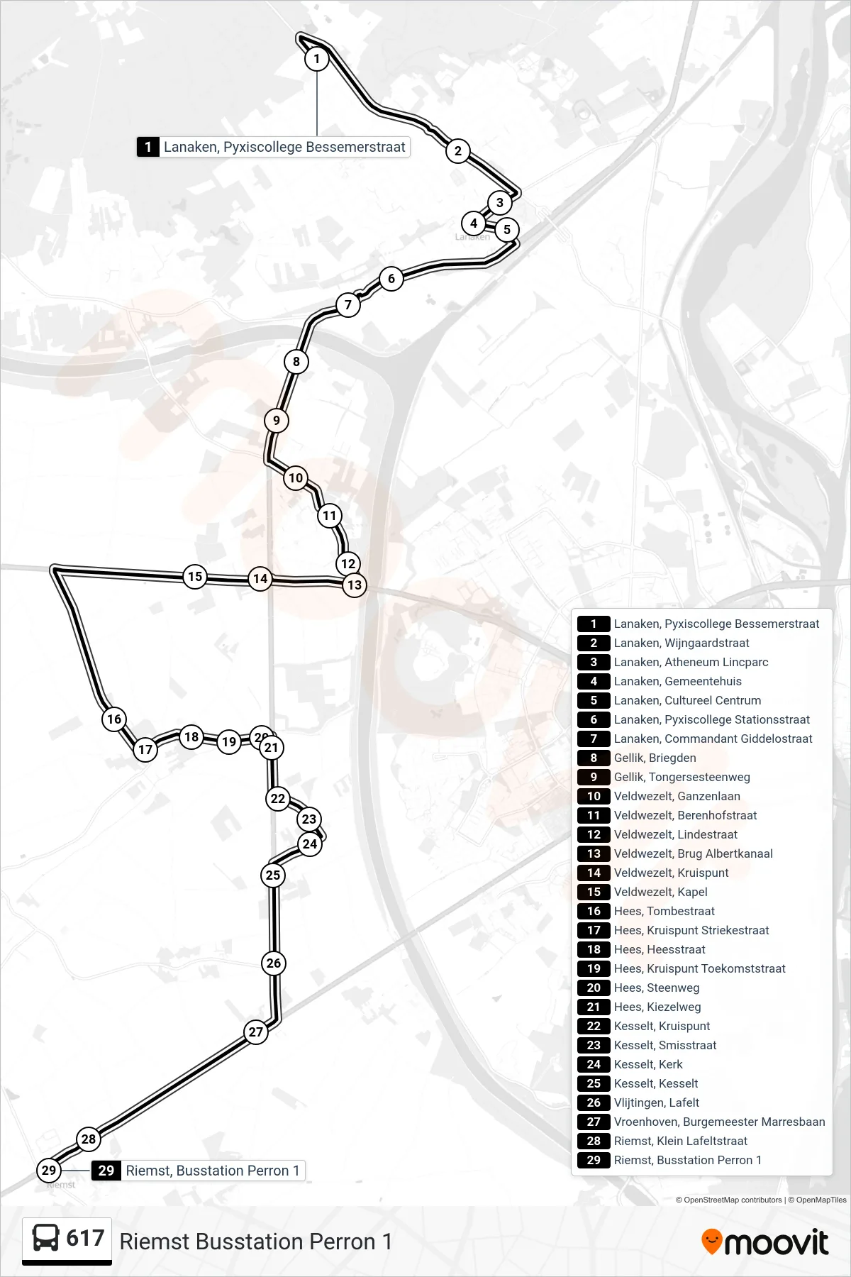 Lijn 617 (bus, Riemst Busstation Perron 1): route en haltes op de kaart