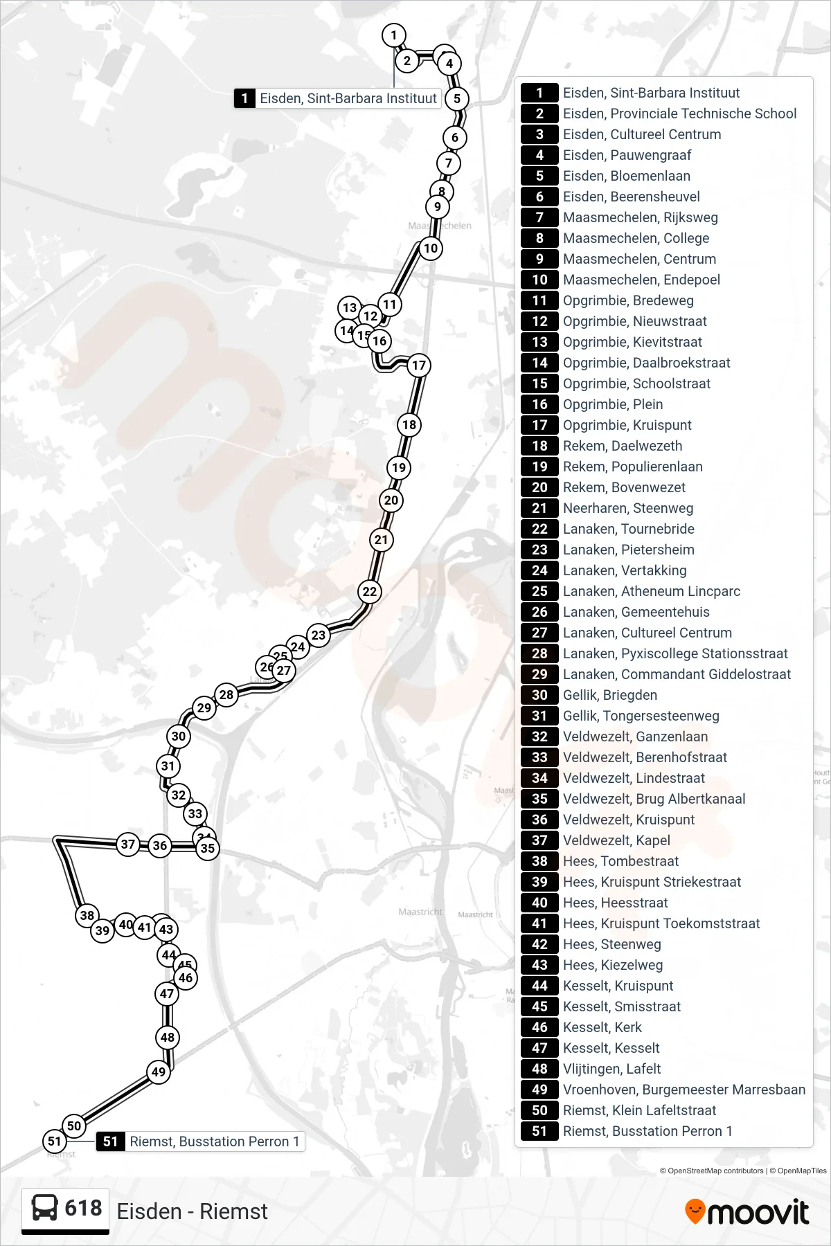 Lijn 618 (bus, Riemst Busstation Perron 1): route en haltes op de kaart