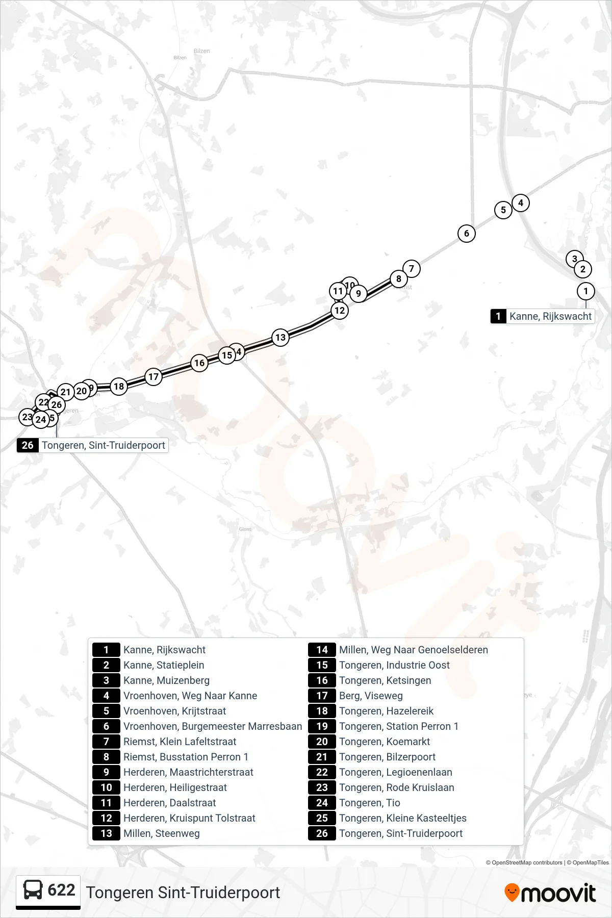 Lijn 622 (bus, Tongeren Sint-Truiderpoort): route en haltes op de kaart