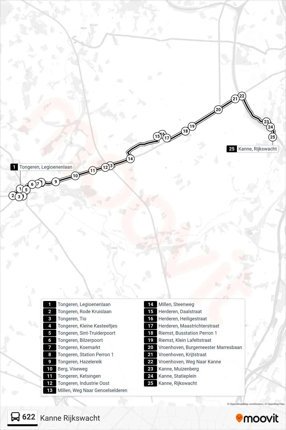 Lijn 622 (bus, Kanne Rijkswacht): route en haltes op de kaart