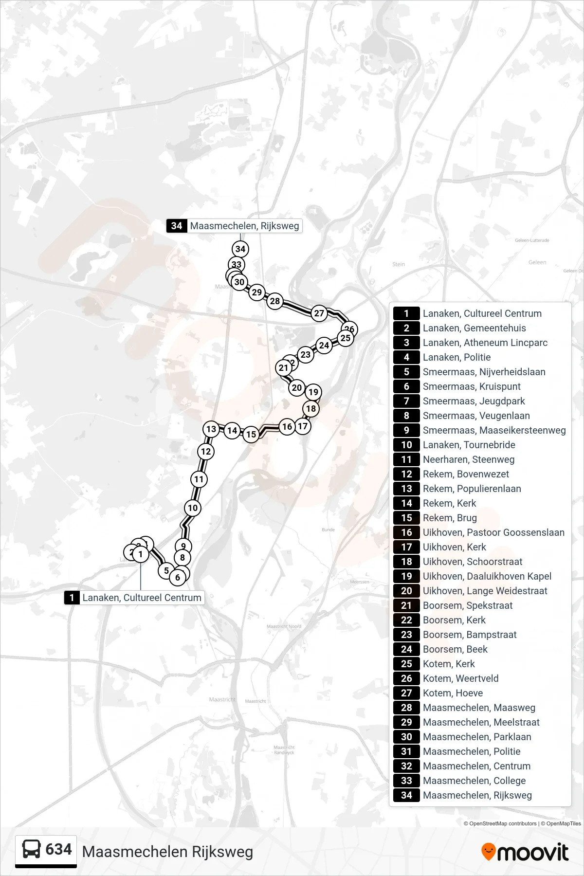 Lijn 634 (bus, Maasmechelen Rijksweg): route en haltes op de kaart