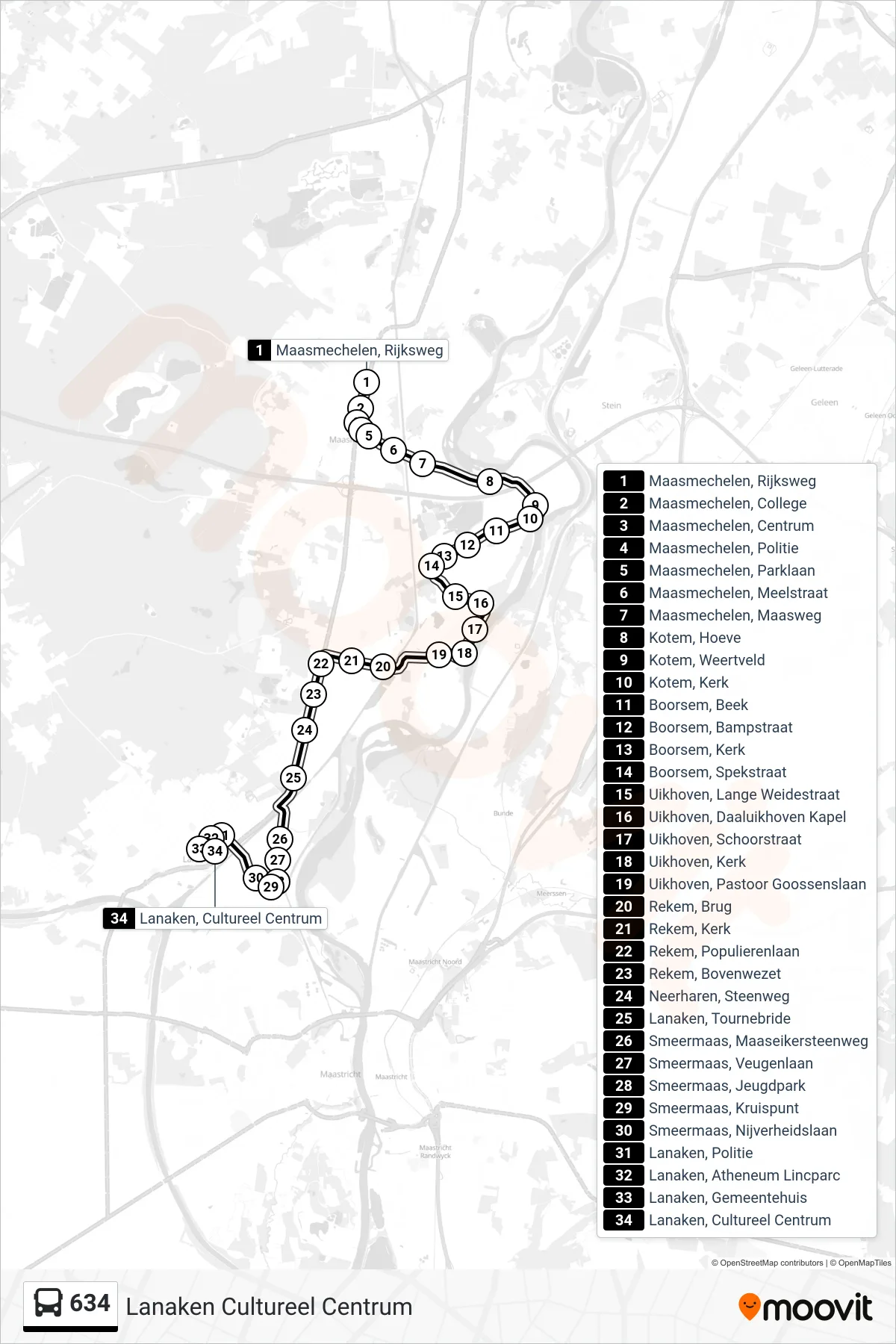 Lijn 634 (bus, Lanaken Cultureel Centrum): route en haltes op de kaart