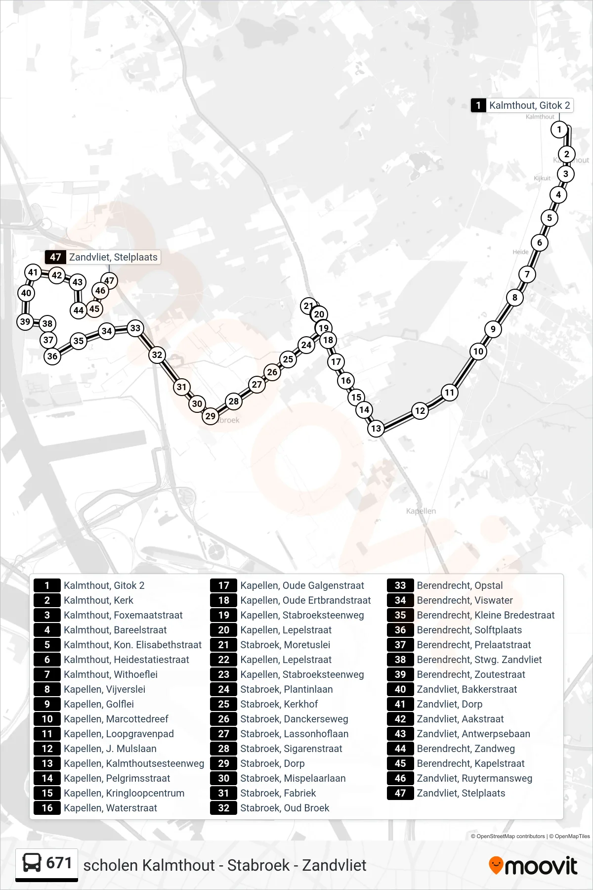 Lijn 671 (bus, Zandvliet Stelplaats): route en haltes op de kaart
