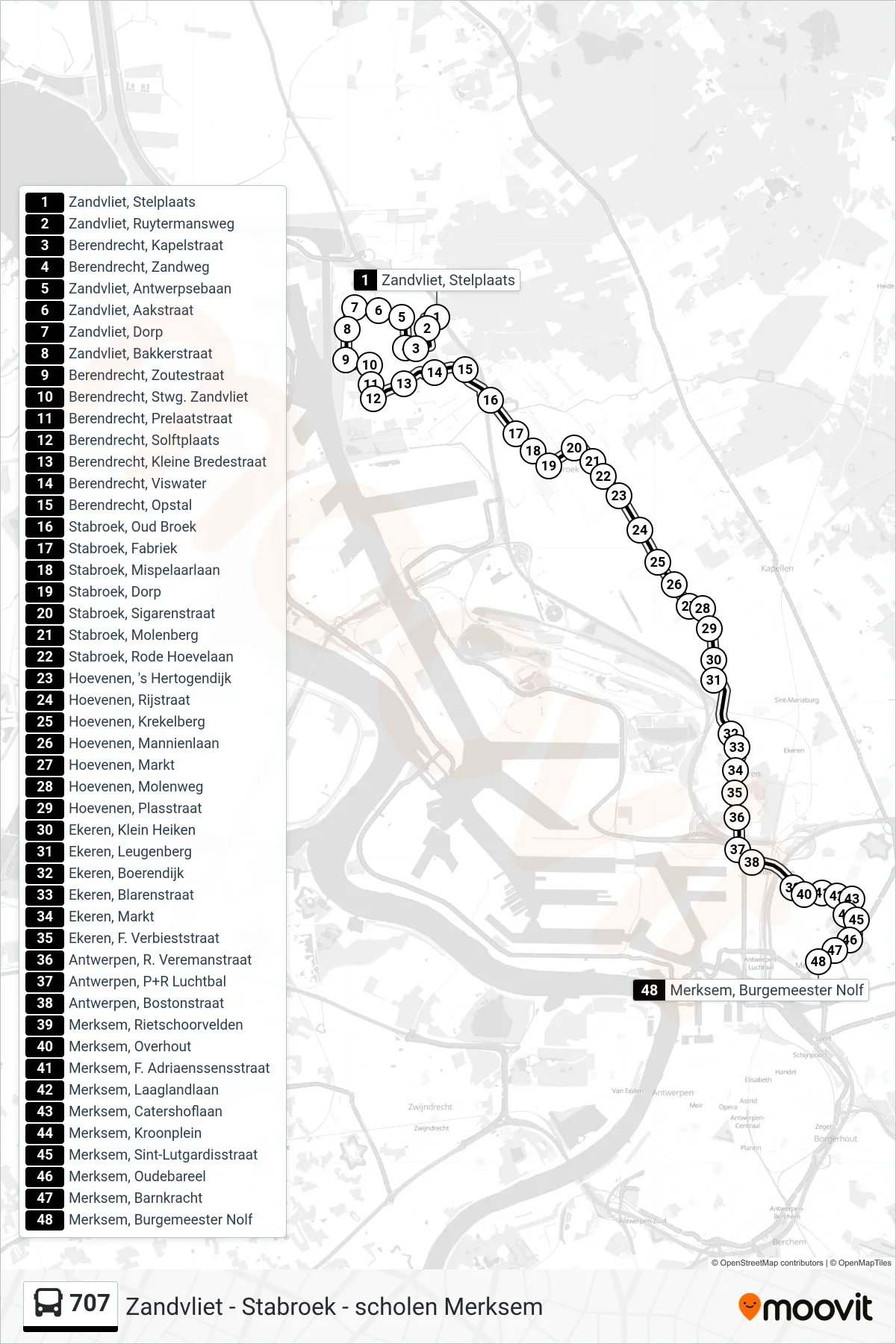 Lijn 707 (bus, Merksem Burgemeester Nolf): route en haltes op de kaart