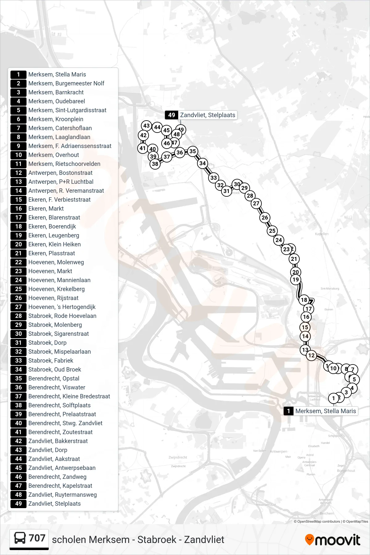 Lijn 707 (bus, Zandvliet Stelplaats): route en haltes op de kaart