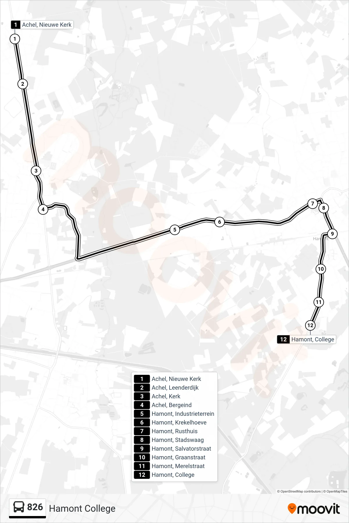 Lijn 826 (bus, Hamont College): route en haltes op de kaart