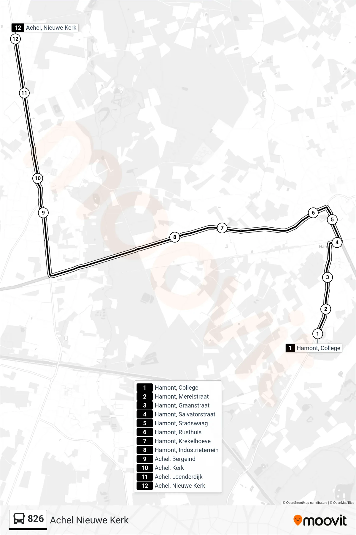 Lijn 826 (bus, Achel Nieuwe Kerk): route en haltes op de kaart