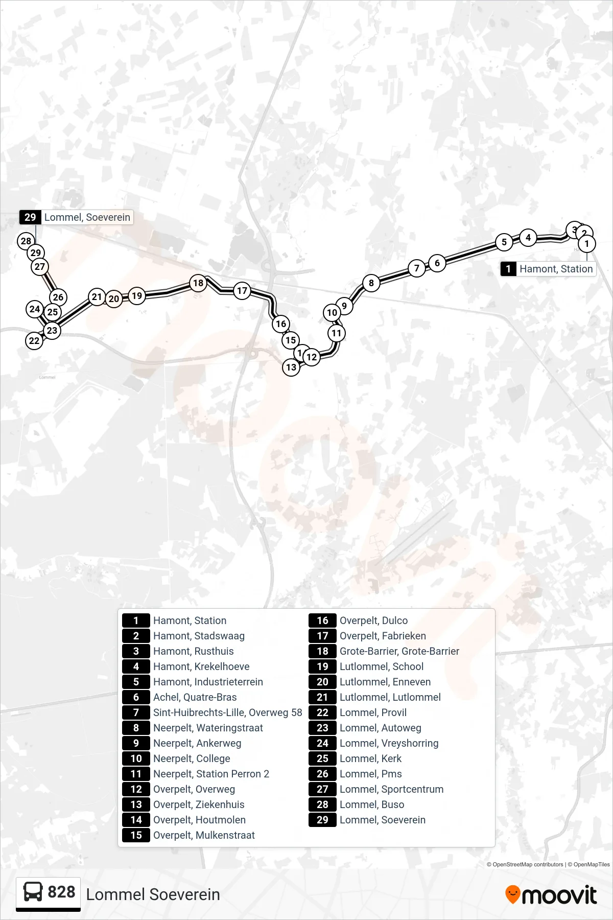 Lijn 828 (bus, Lommel Soeverein): route en haltes op de kaart