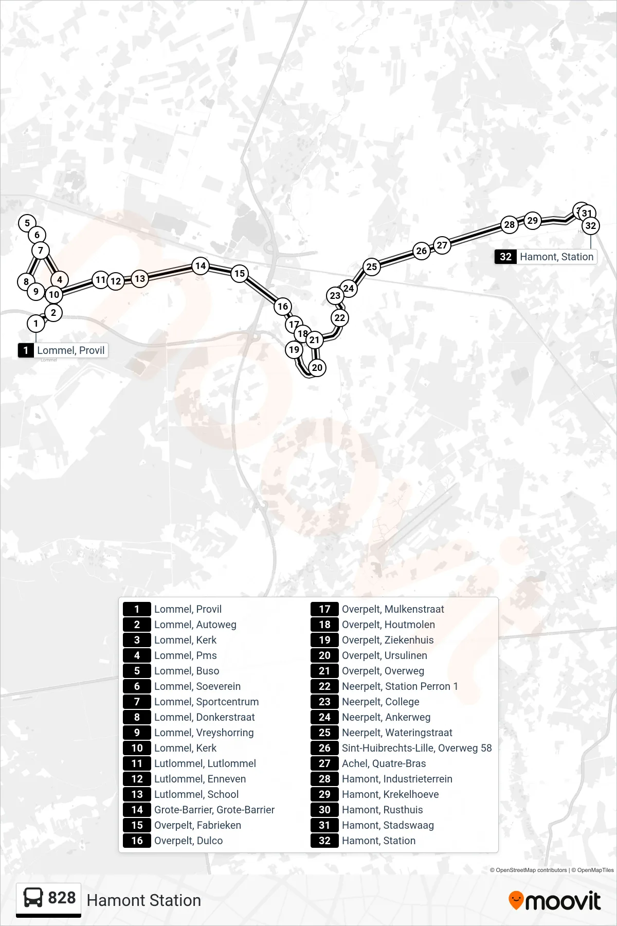 Lijn 828 (bus, Hamont Station): route en haltes op de kaart