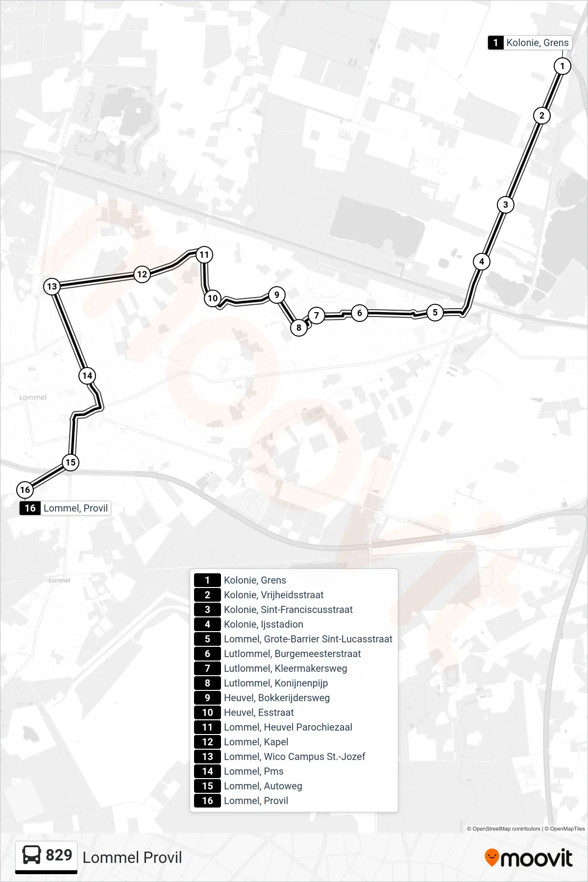 Lijn 829 (bus, Lommel Provil): route en haltes op de kaart