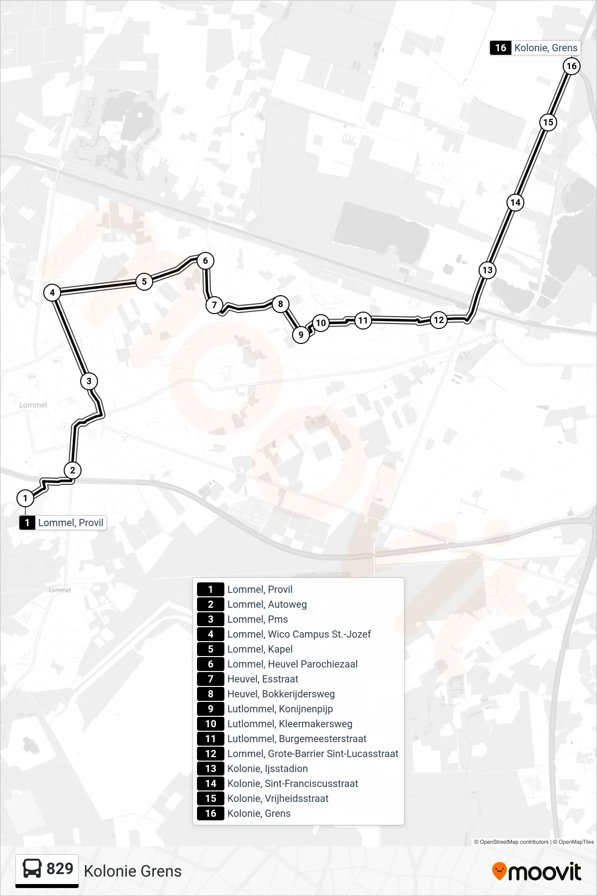 Lijn 829 (bus, Kolonie Grens): route en haltes op de kaart