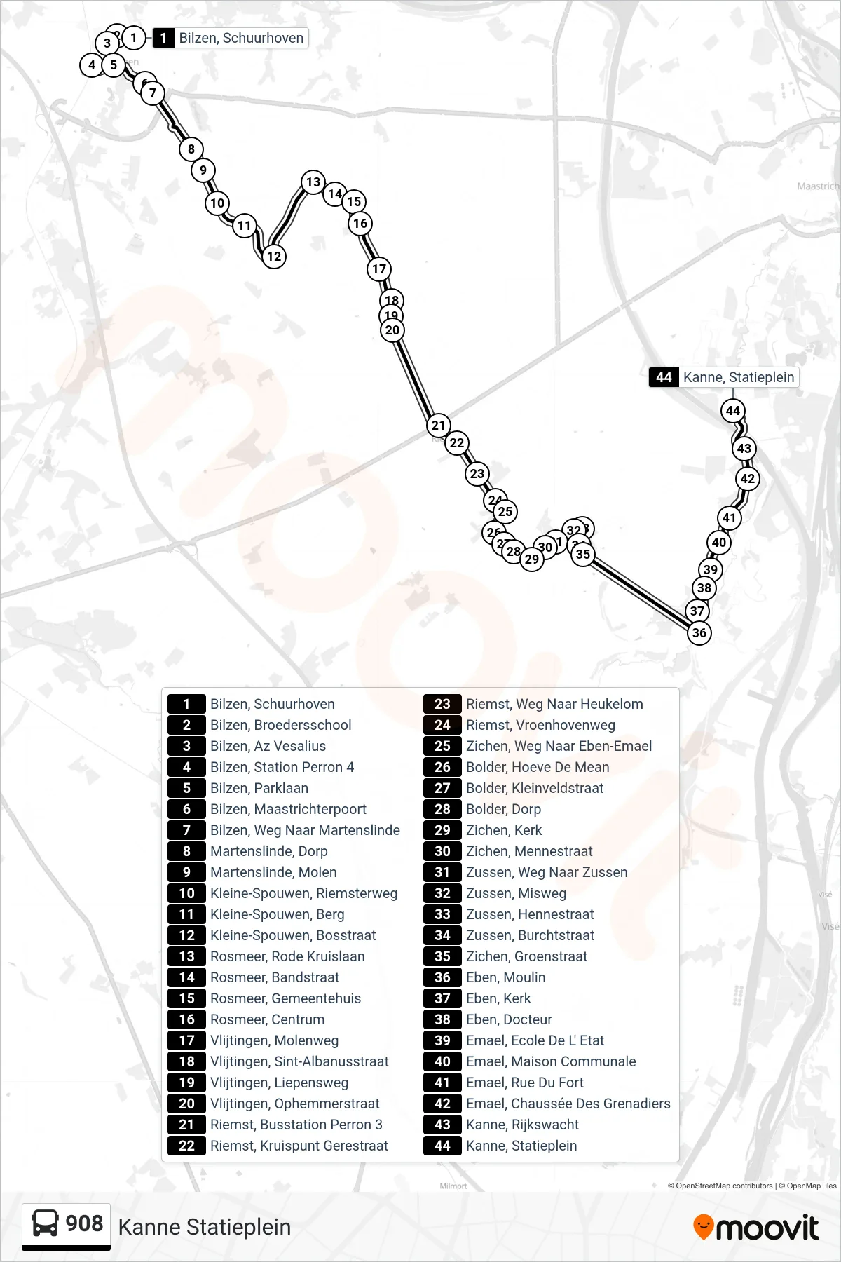 908 bus Line (Kanne Statieplein) route and stops on a map