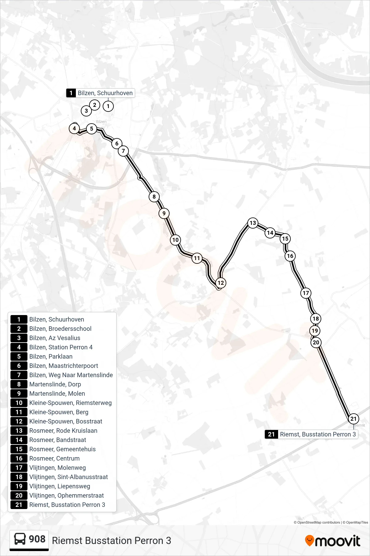 908 bus Line (Riemst Busstation Perron 3) route and stops on a map