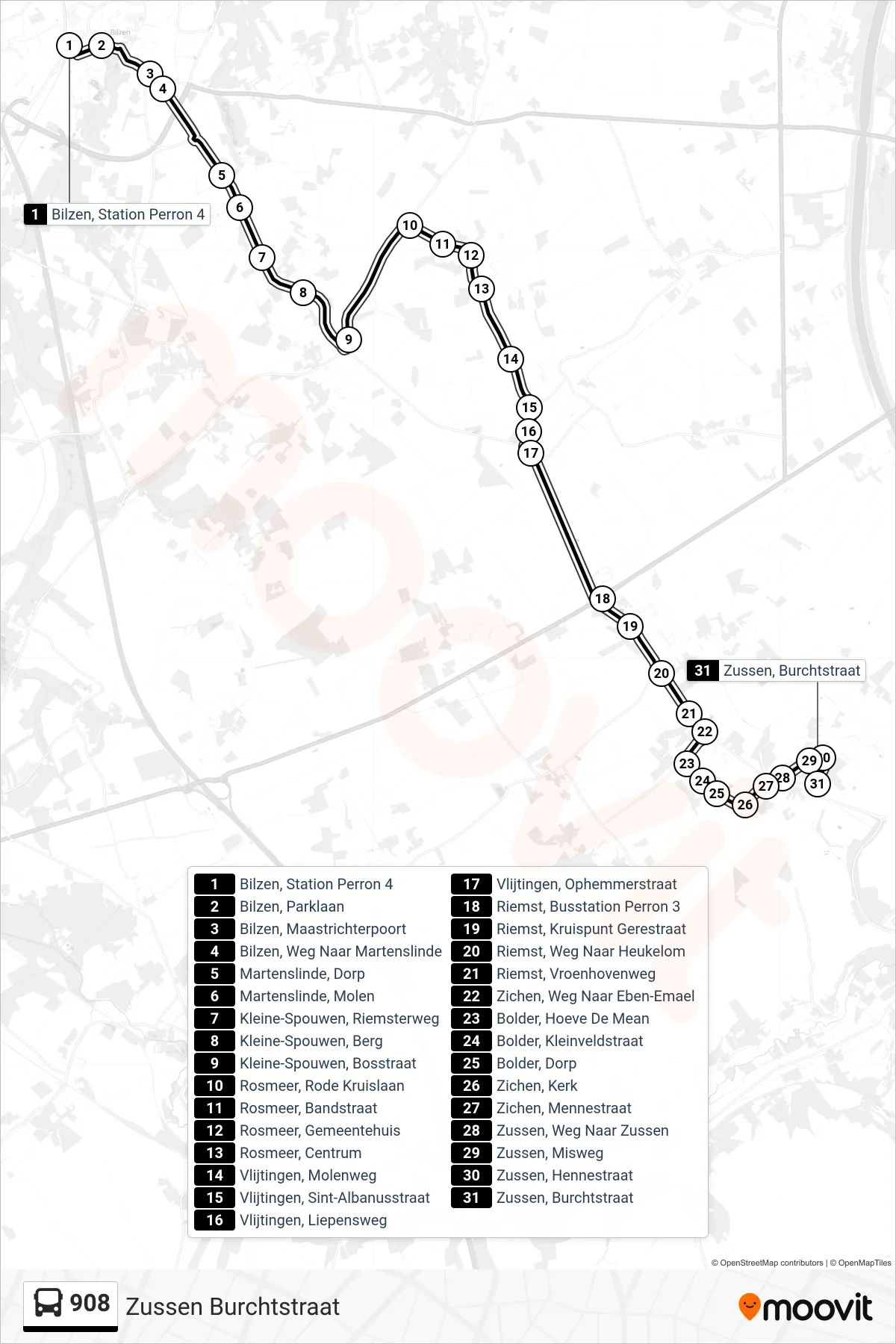 Lijn 908 (bus, Zussen Burchtstraat): route en haltes op de kaart